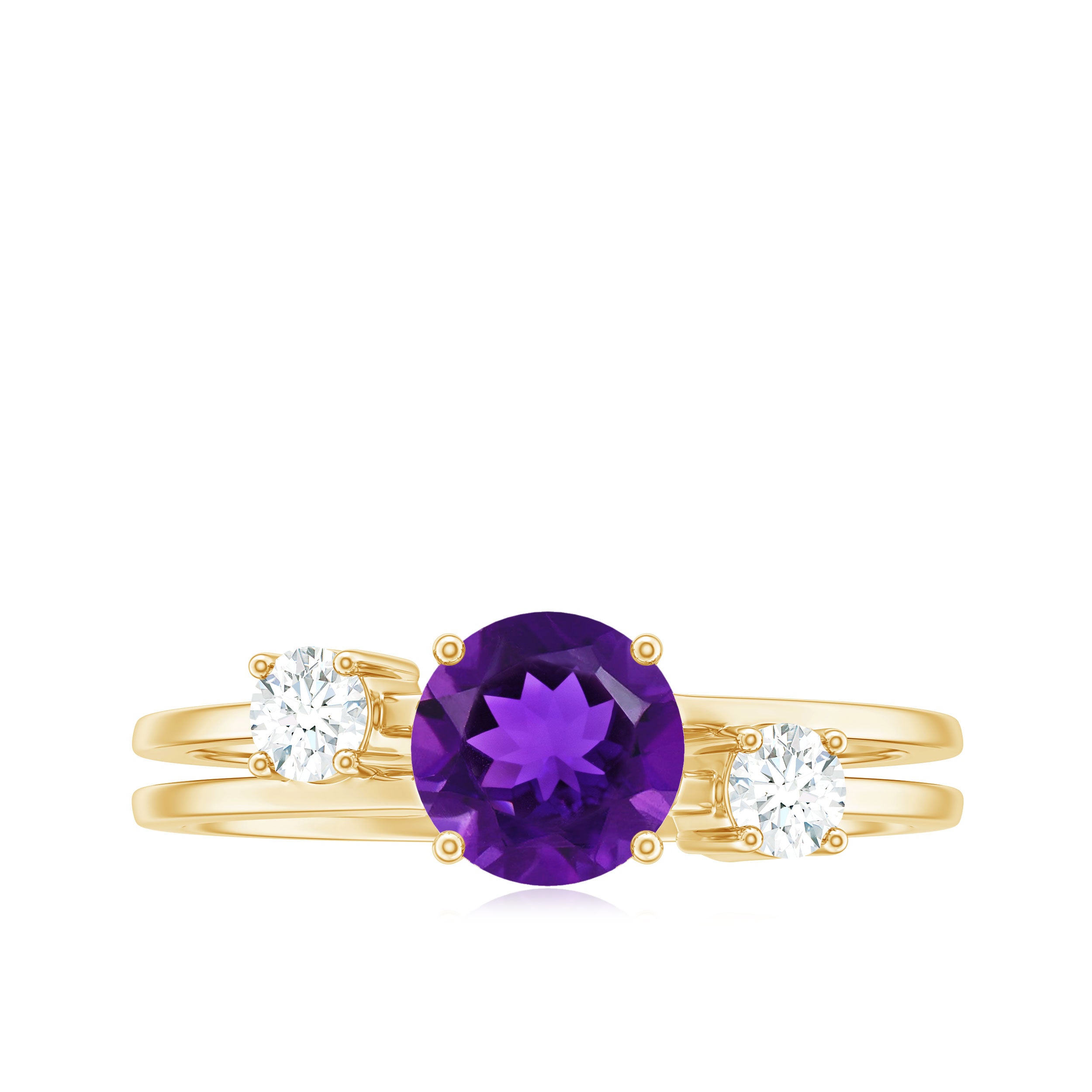 Natural 1.2 Carat Amethyst Double Band Engagement Ring with Diamond AAA - Rosec Jewels