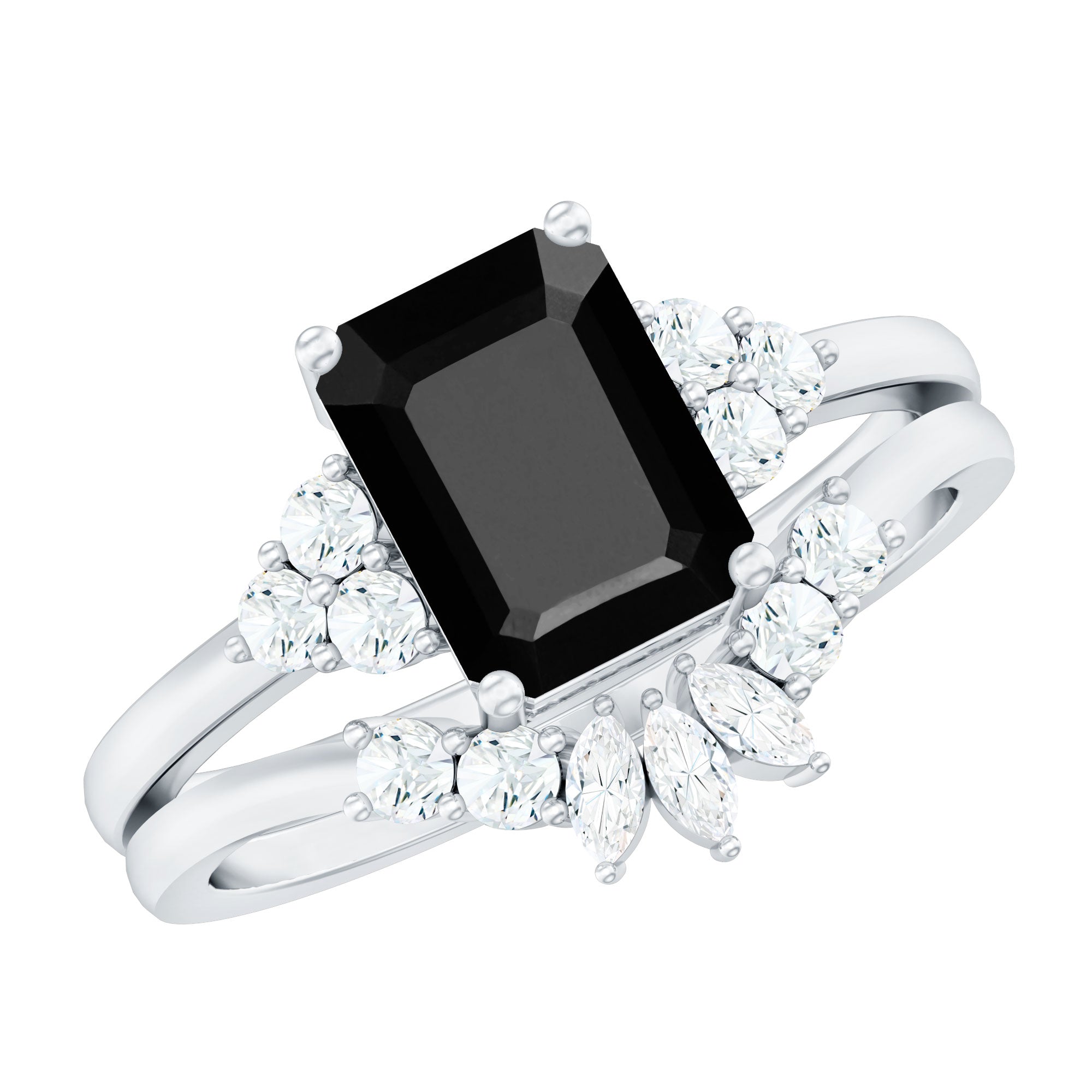 Created Black Diamond Engagement Ring Set with Diamond AAAA ( Synthetic ) - Rosec Jewels