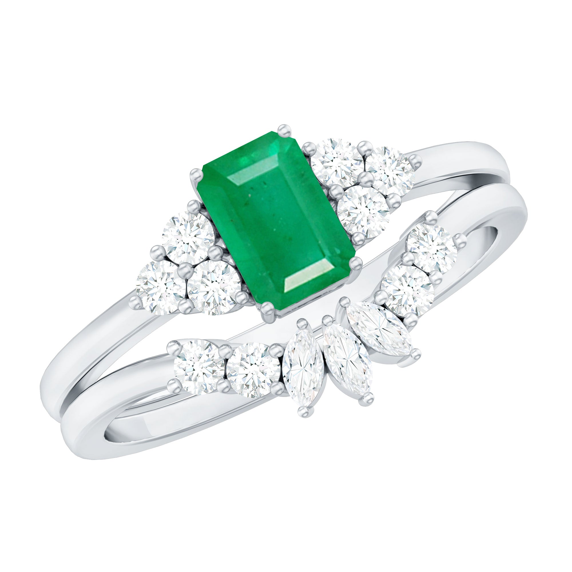 Certified Real Emerald Diamond Emerald Cut Engagement Ring and Wedding Band AAA - Rosec Jewels