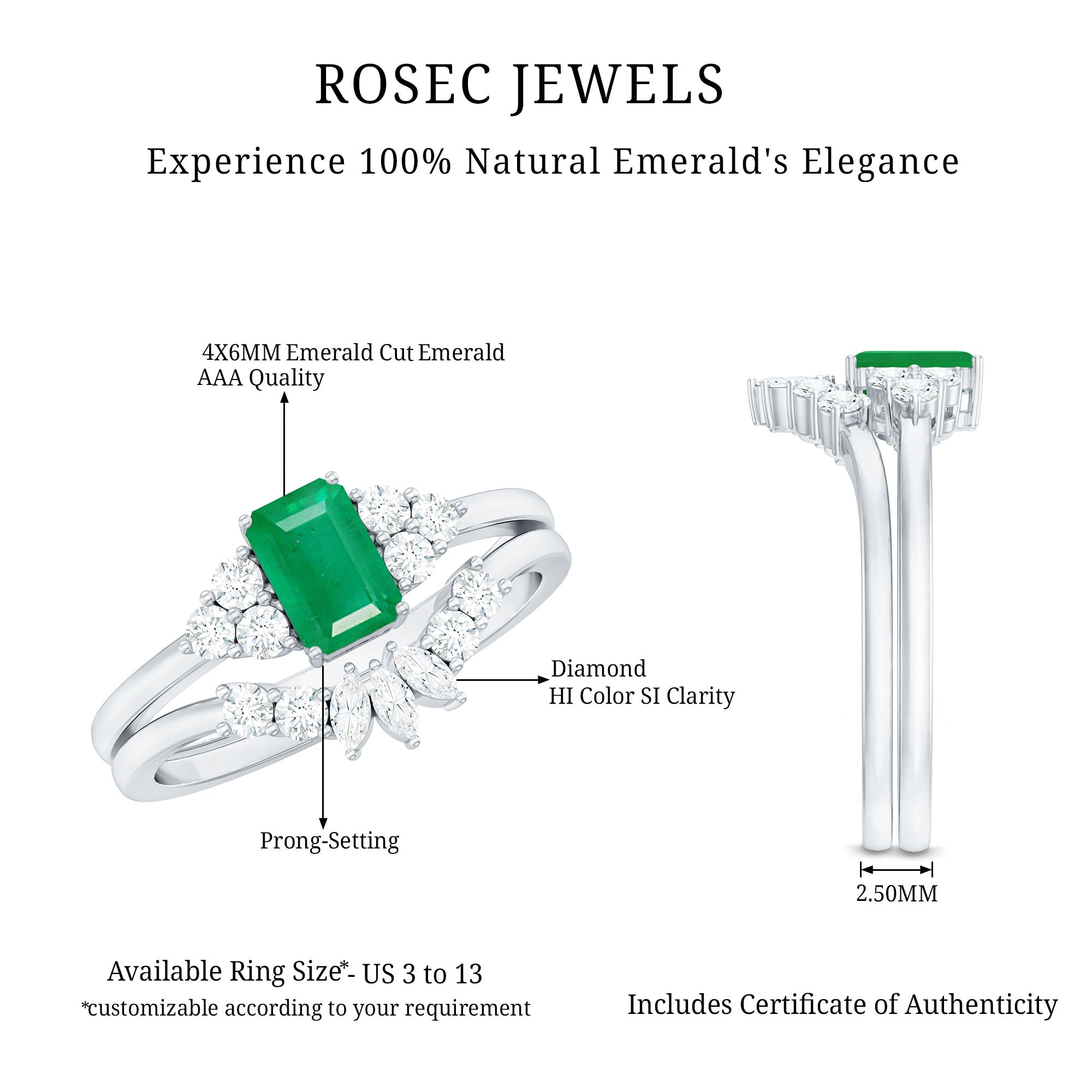 Certified Real Emerald Diamond Emerald Cut Engagement Ring and Wedding Band AAA - Rosec Jewels