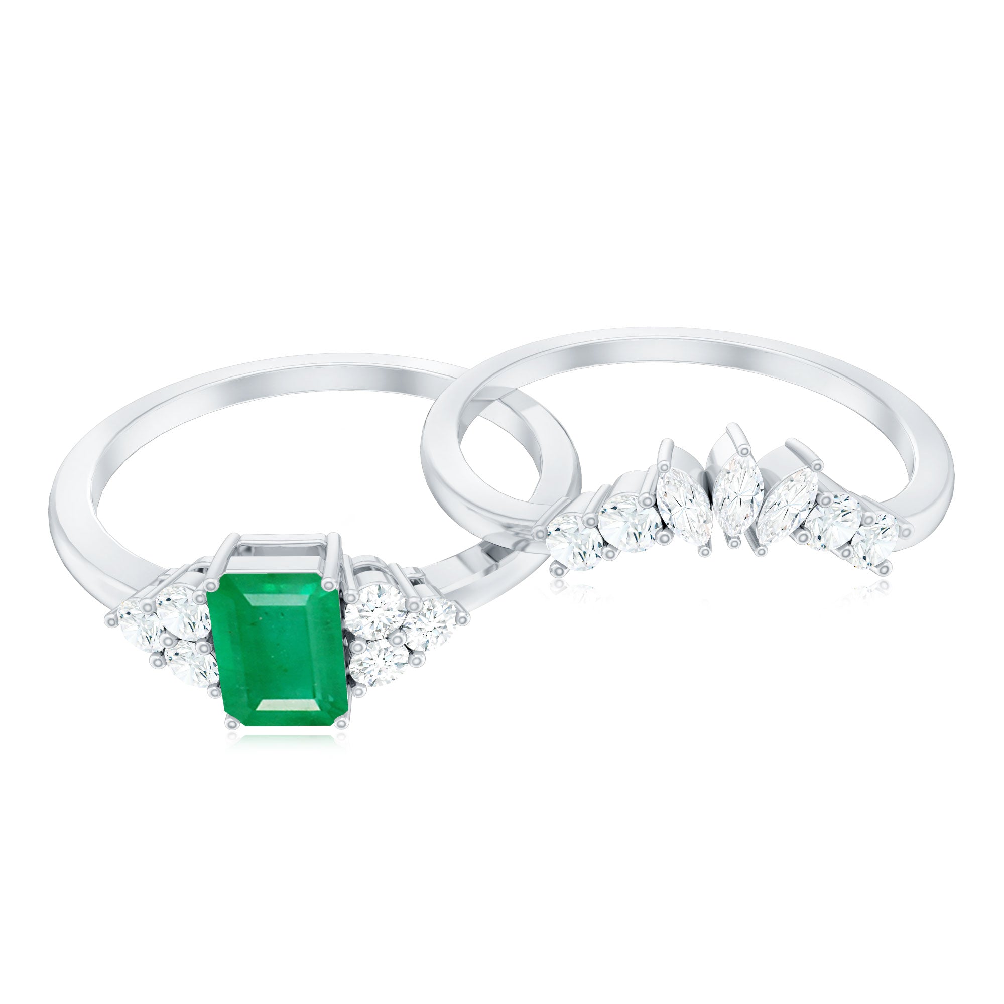 Certified Real Emerald Diamond Emerald Cut Engagement Ring and Wedding Band AAA - Rosec Jewels