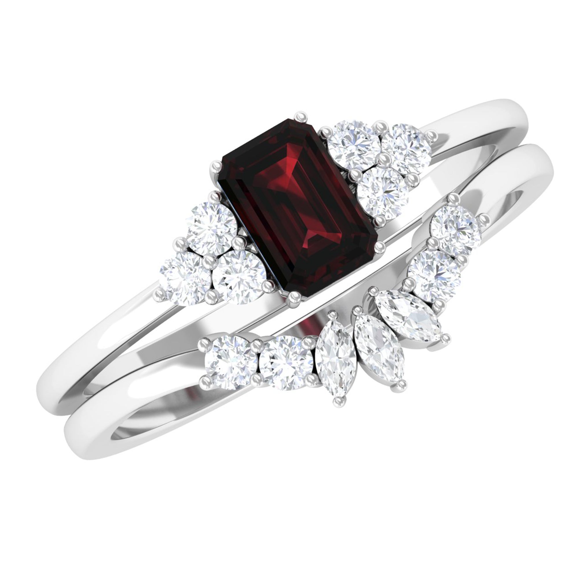 Genuine Garnet Diamond Emerald Cut Engagement Wedding Ring Set of 2