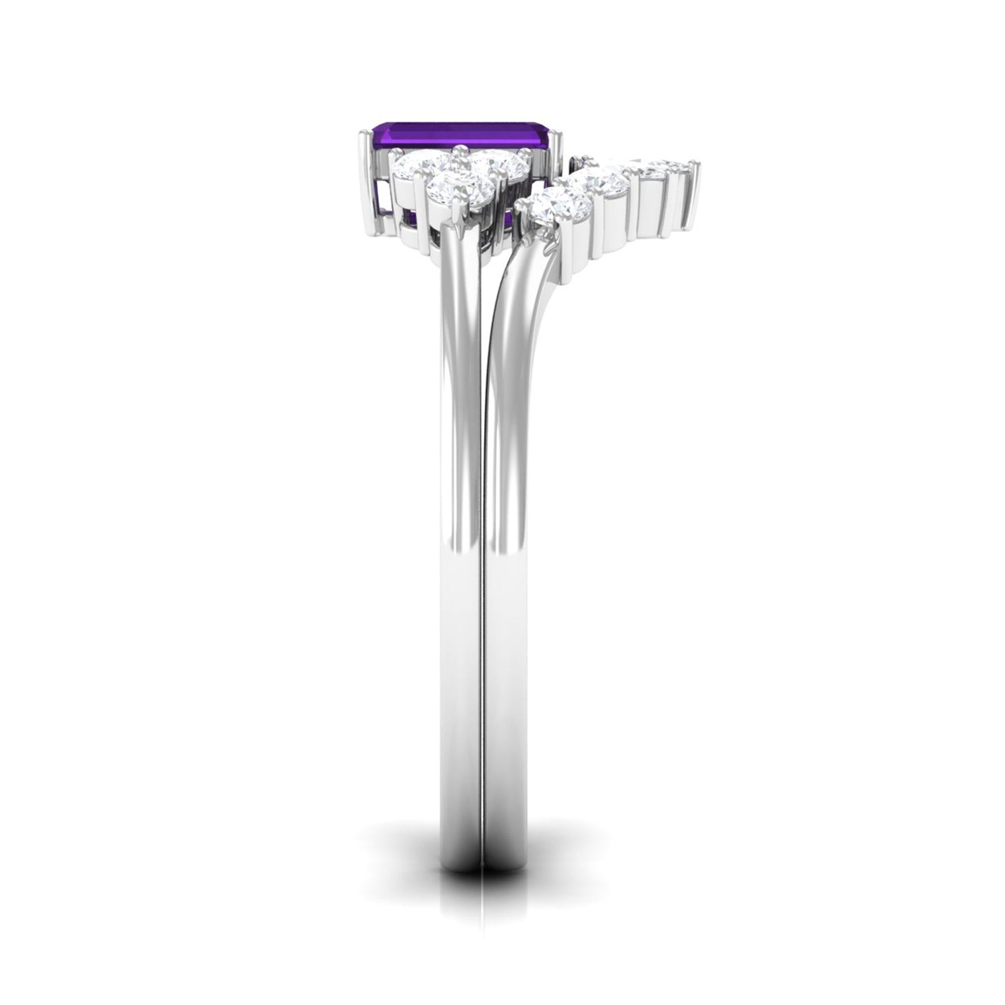 1.4 Carat Amethyst Emerald Cut Engagement Ring with Diamond Wedding Band AAA - Rosec Jewels
