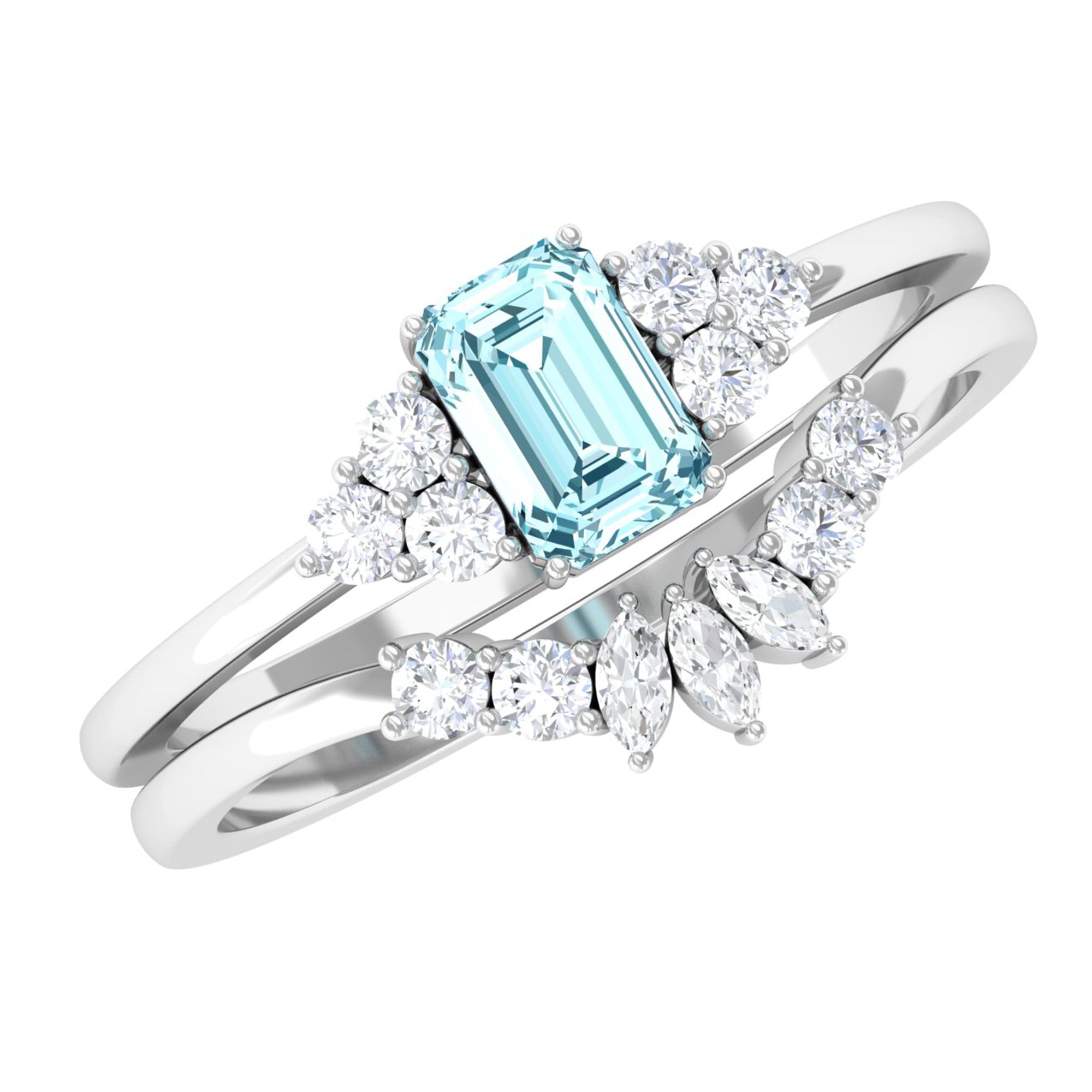 Octagon Aquamarine Solitaire Stackable Ring Set with Diamond