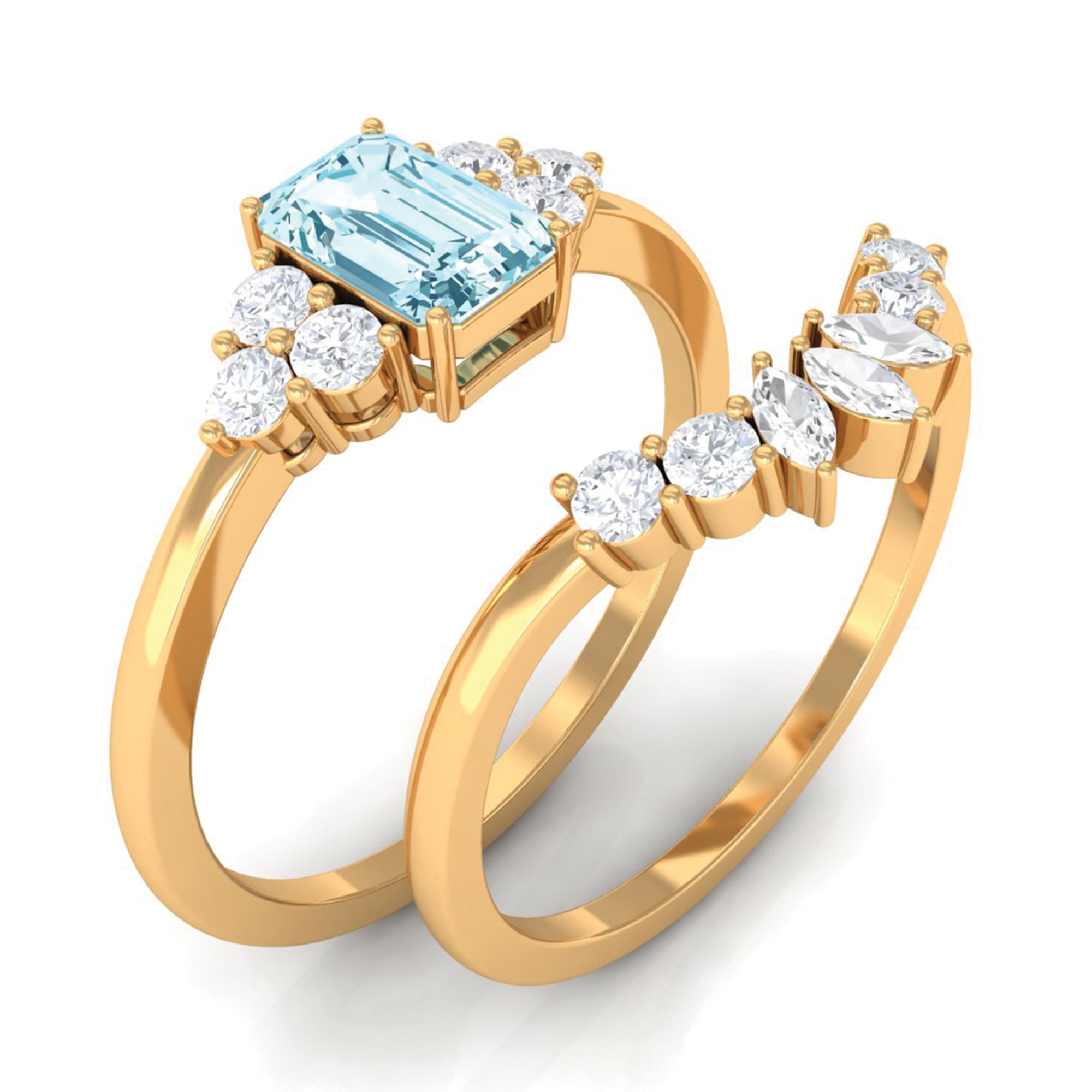 Natural Emerald Cut Aquamarine Marriage Ring Set with Diamond AAA - Rosec Jewels