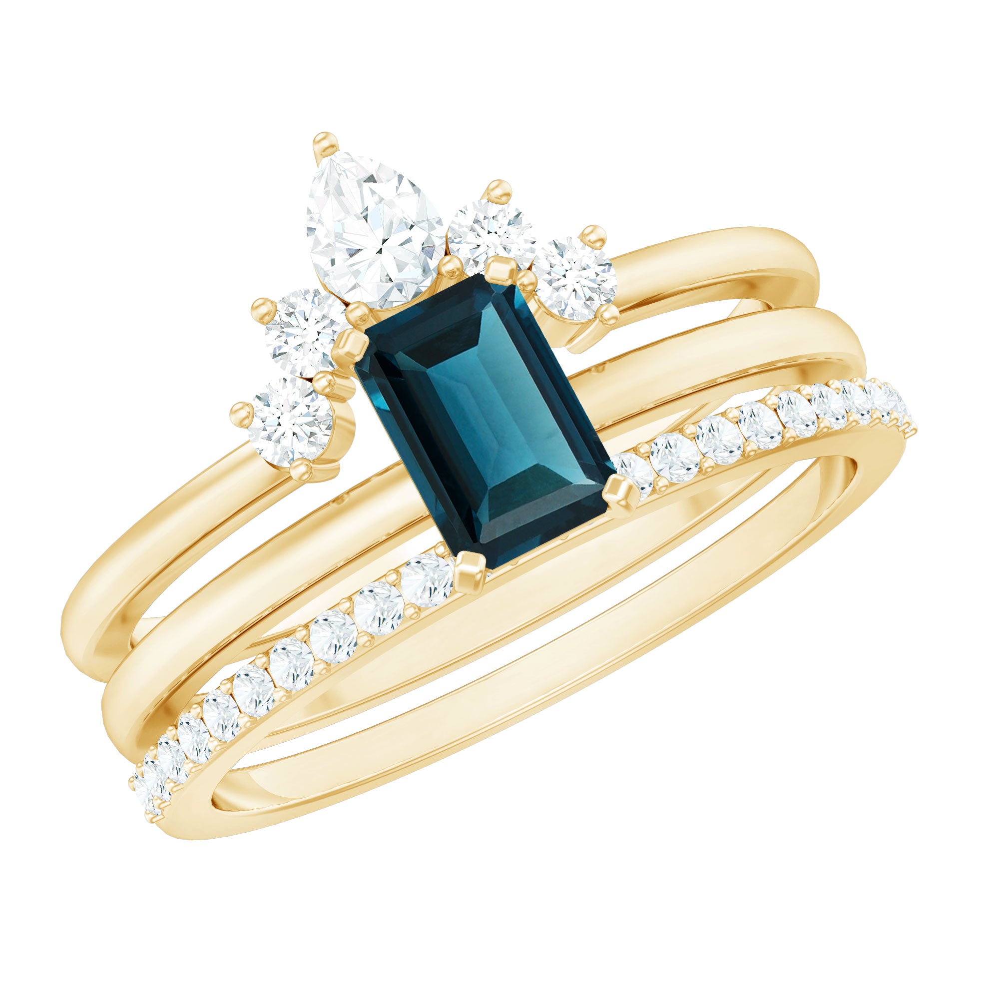 0.7 Carat Emerald Cut London Blue Topaz Solitaire Trio Ring Set with Diamond AAA - Rosec Jewels