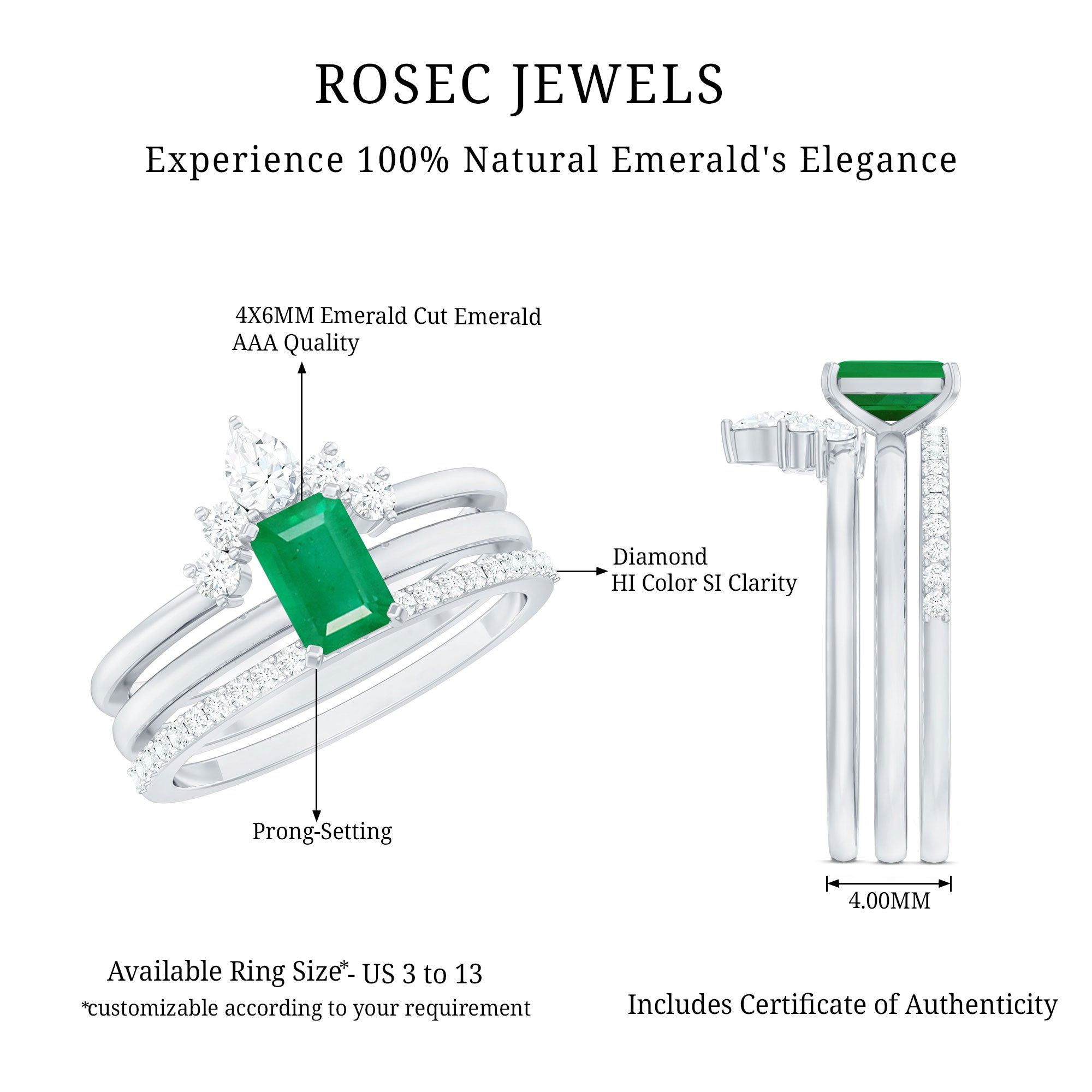 Natural Emerald Cut Emerald Diamond Bridal Ring Set of 3 AAA - Rosec Jewels
