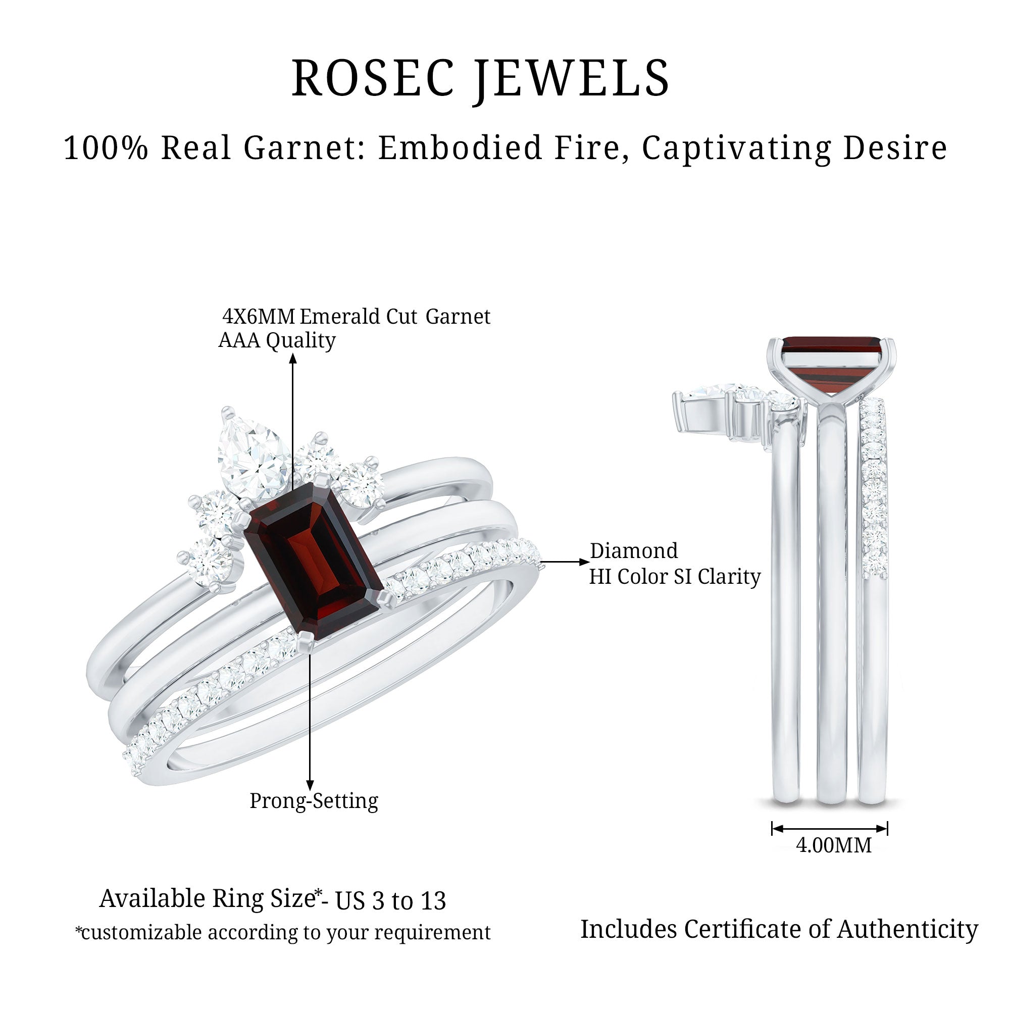 Natural Emerald Cut Garnet Diamond 3 Piece Wedding Ring Set AAA - Rosec Jewels
