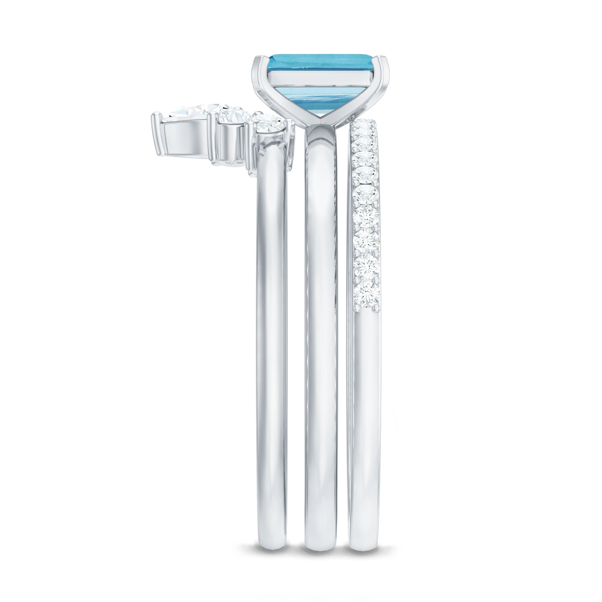 Emerald Cut Aquamarine Solitaire Ring Set of 3 with Diamond AAA - Rosec Jewels