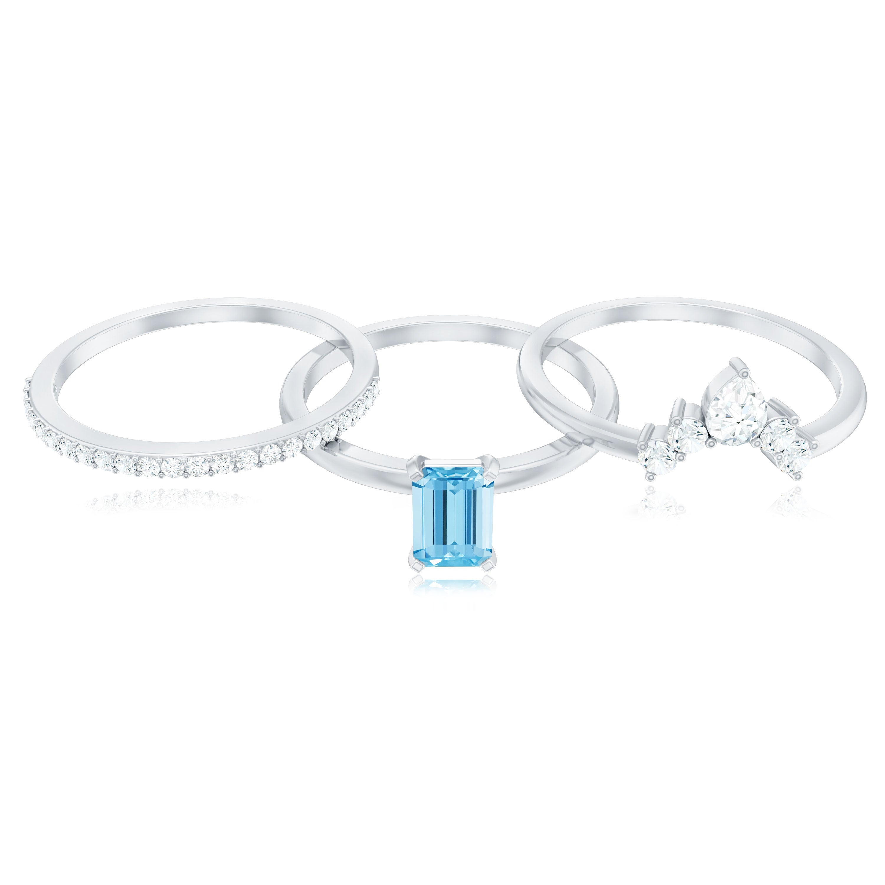 Emerald Cut Aquamarine Solitaire Ring Set of 3 with Diamond AAA - Rosec Jewels