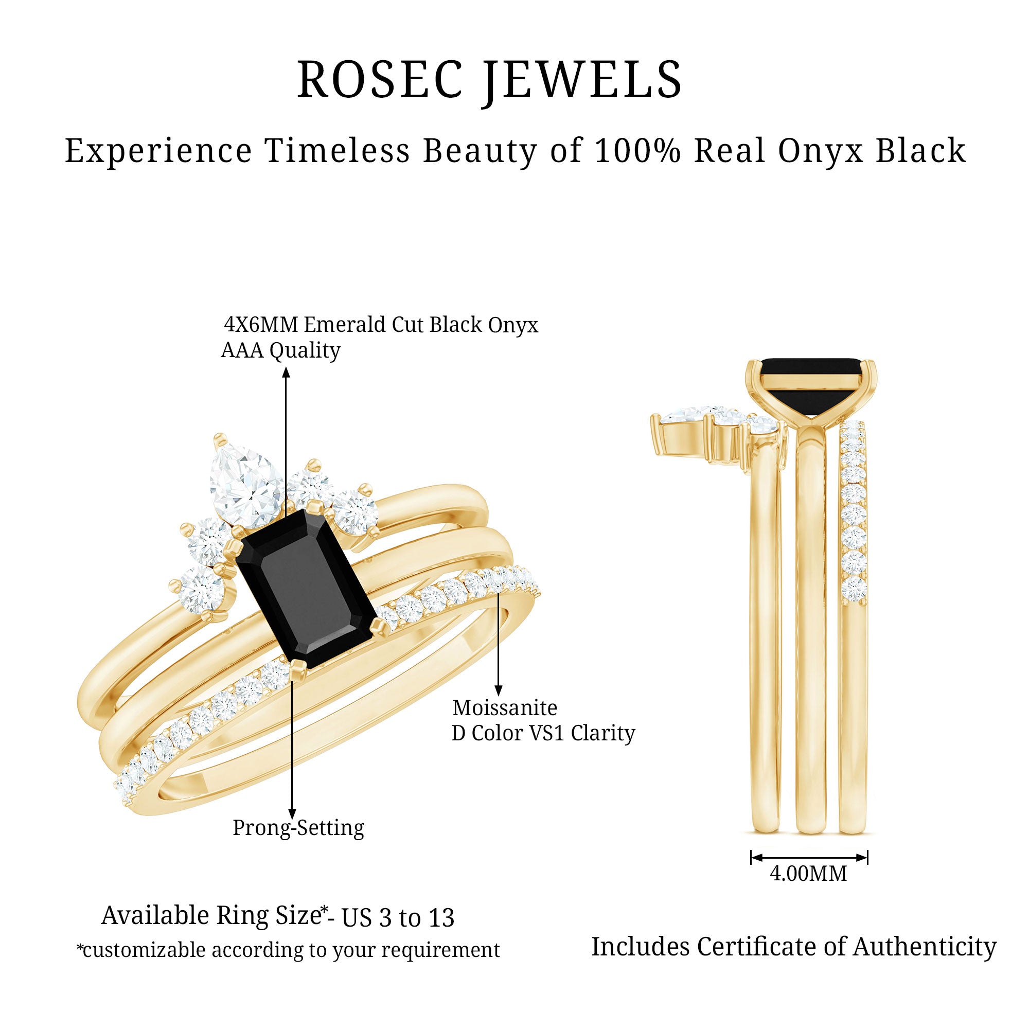 Emerald Cut Black Onyx and Diamond Trio Wedding Ring Set AAA - Rosec Jewels