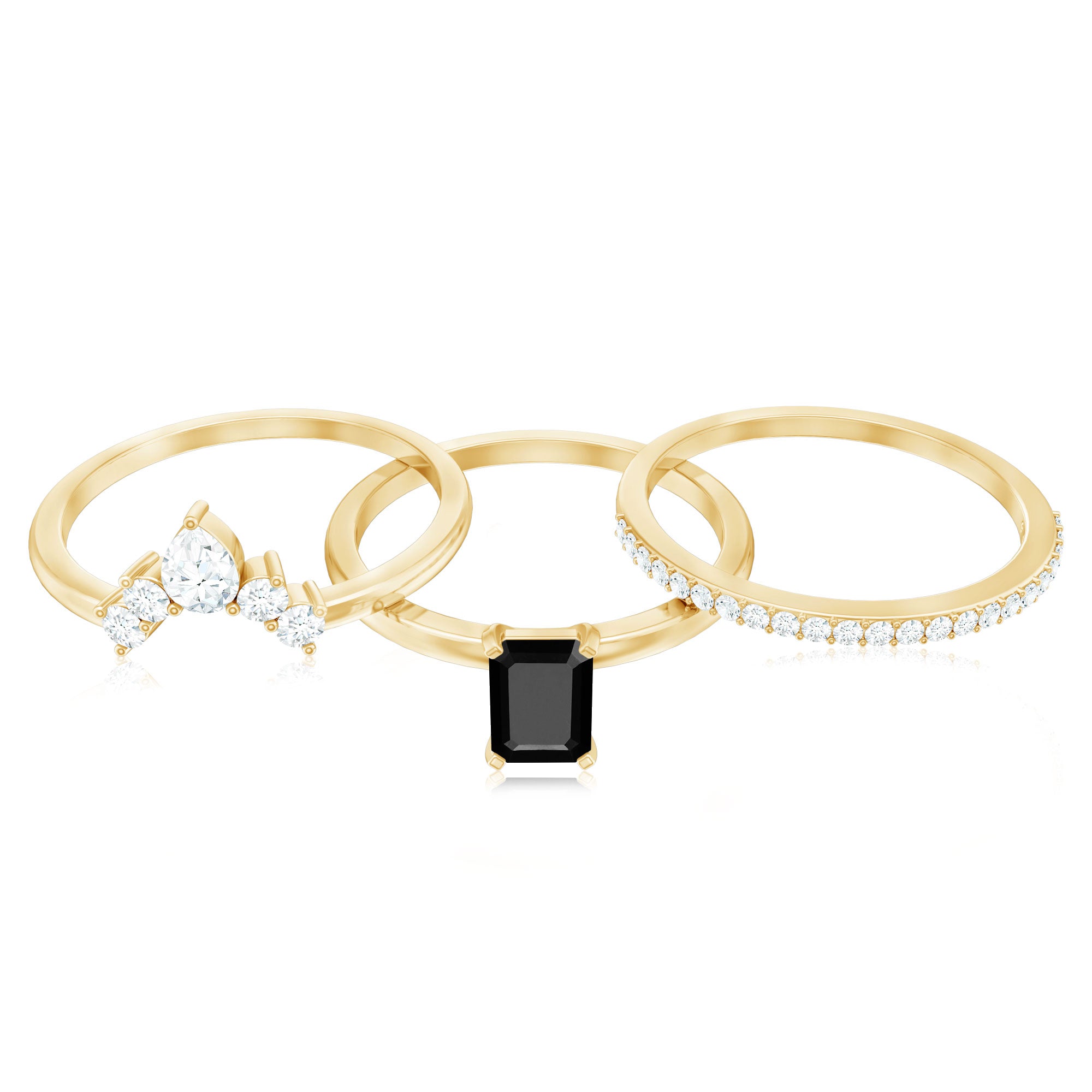 Emerald Cut Black Onyx and Diamond Trio Wedding Ring Set AAA - Rosec Jewels