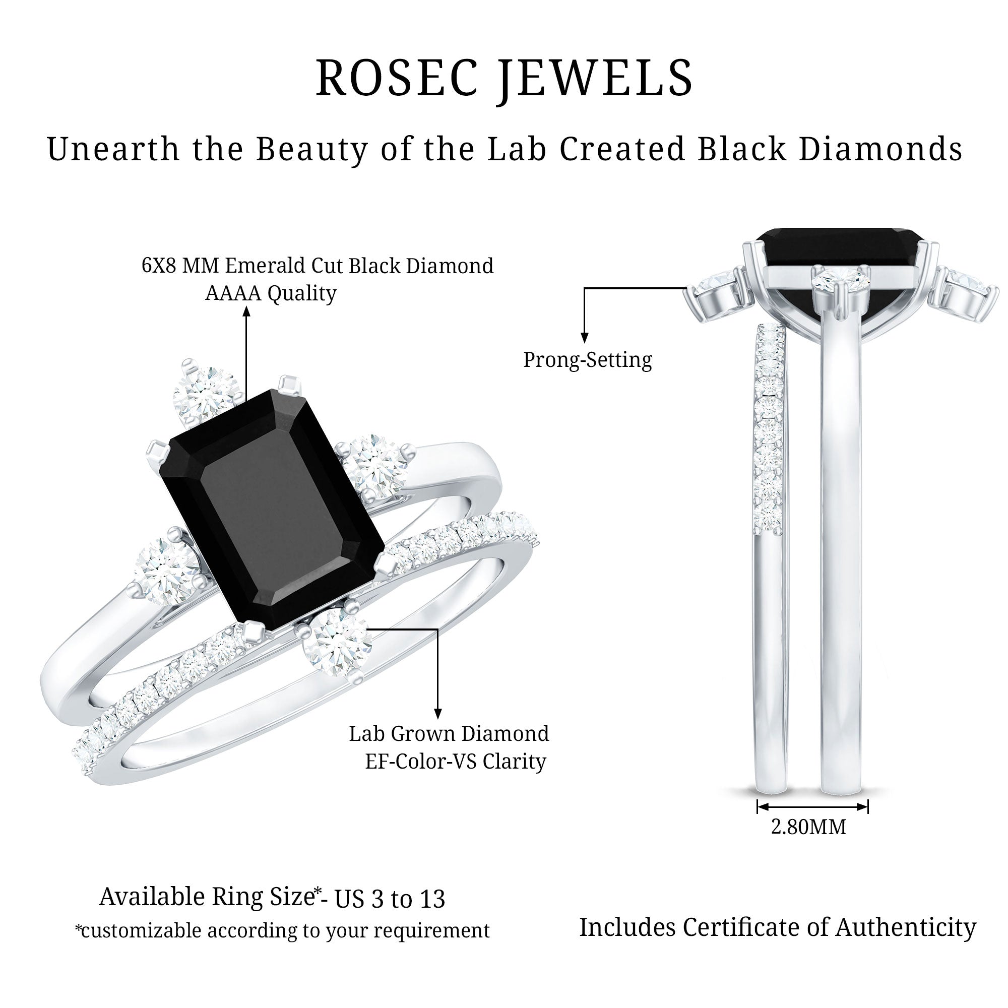 Certified 2 Carat Emerald Cut Lab Grown Black and White Diamond Engagement Ring with Enhancer AAAA ( Synthetic ) - Rosec Jewels