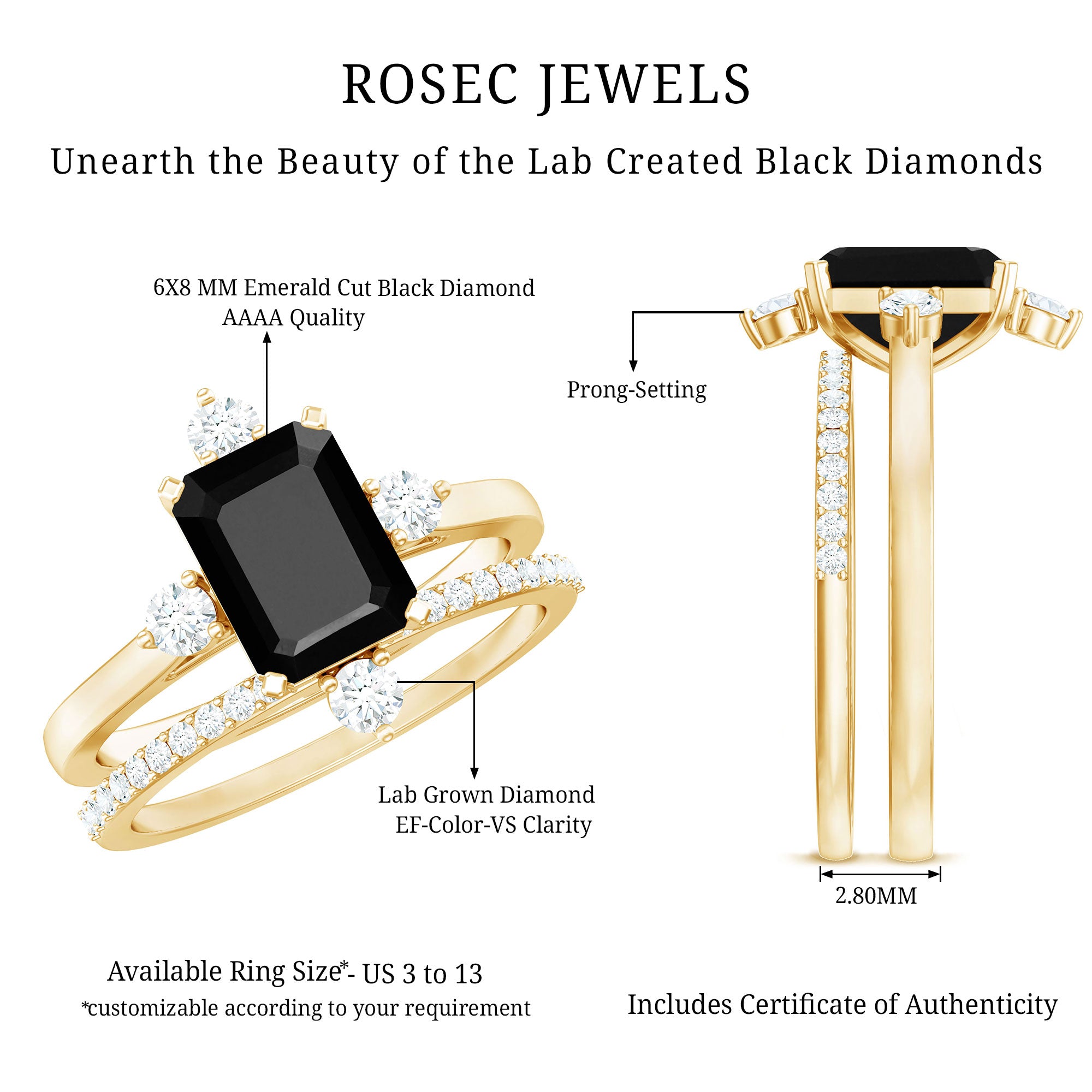 Certified 2 Carat Emerald Cut Lab Grown Black and White Diamond Engagement Ring with Enhancer AAAA ( Synthetic ) - Rosec Jewels
