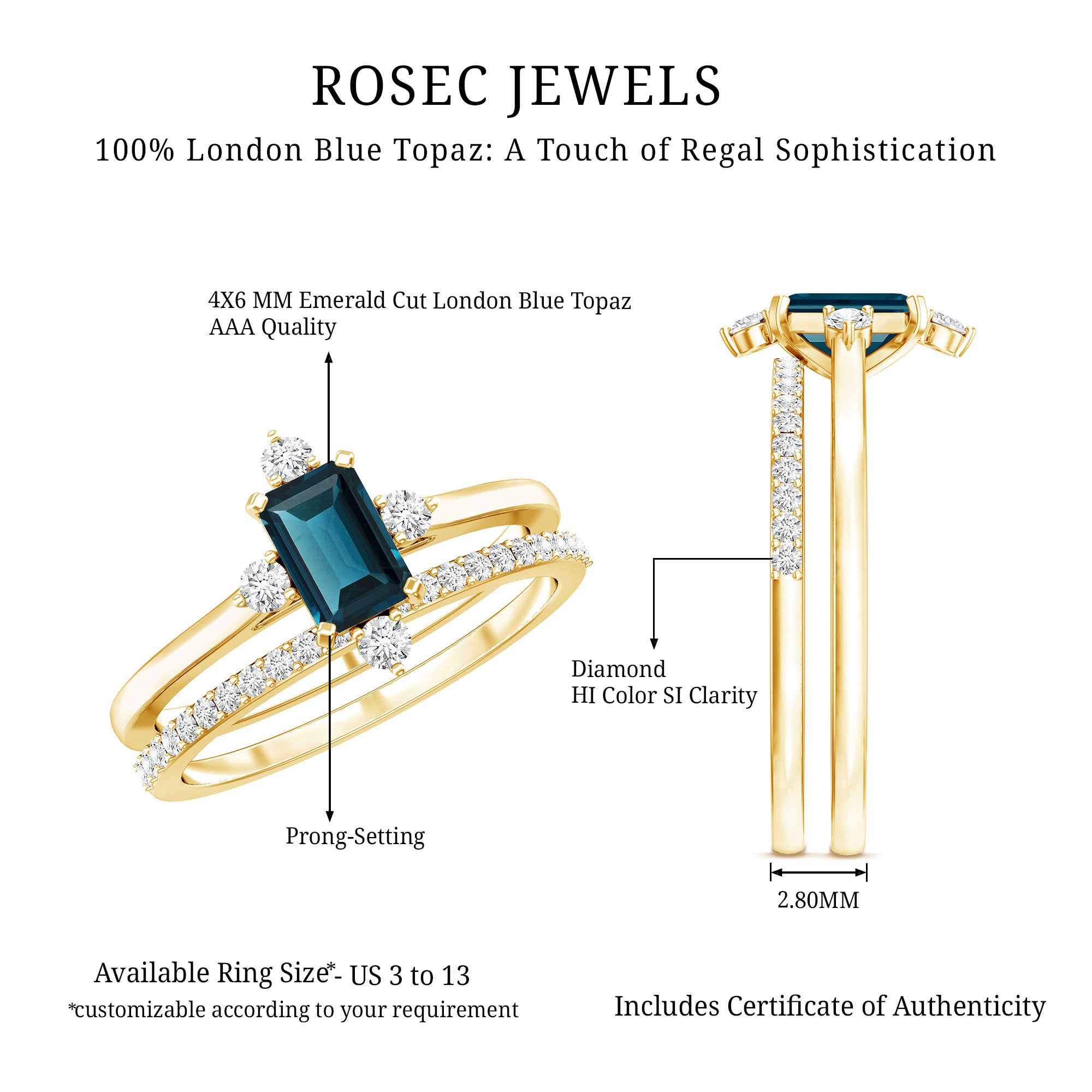4X6mm Emerald Cut London Blue Topaz Wedding Ring Set with Diamond Band AAA - Rosec Jewels