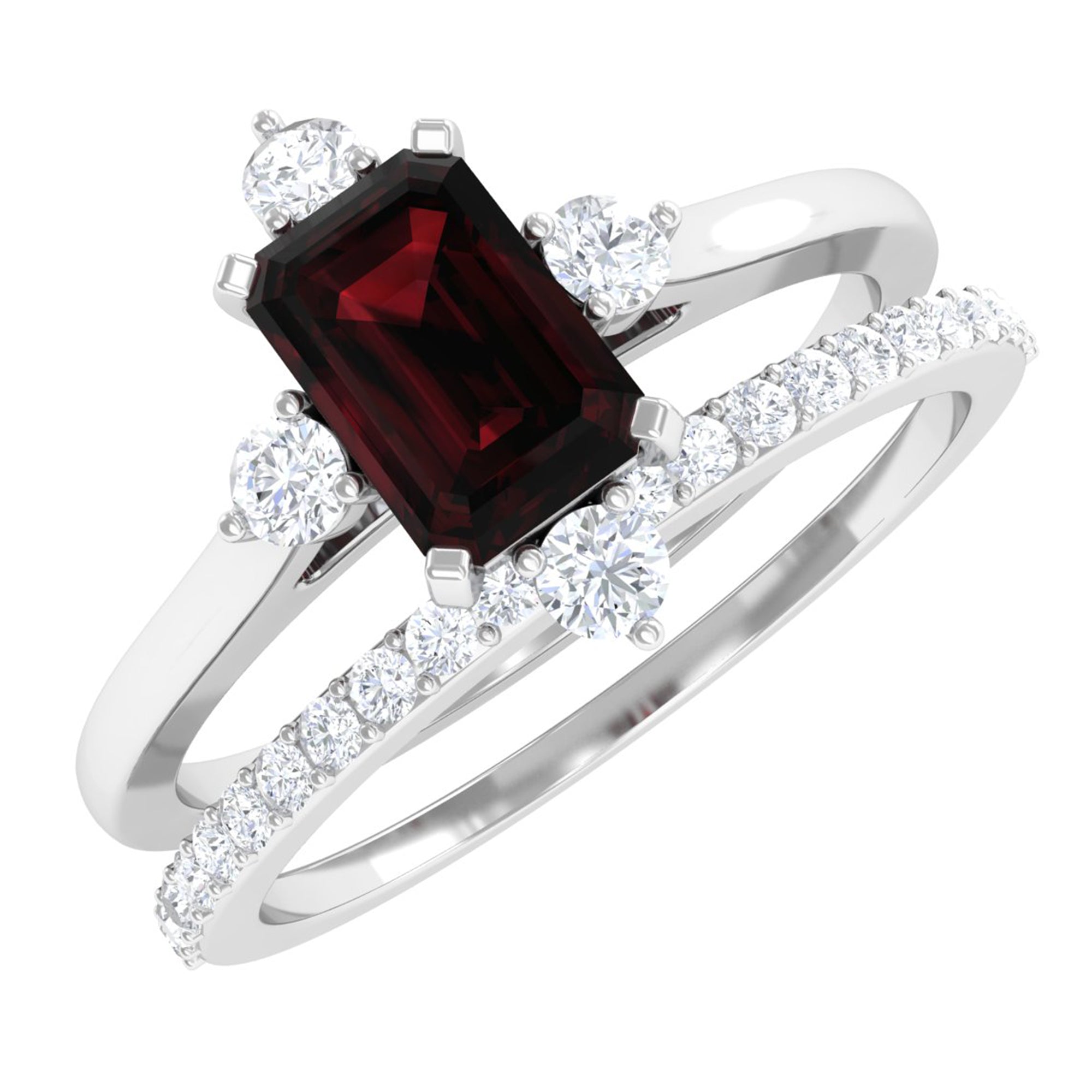 Natural Emerald Cut Garnet Diamond Wedding Bridal Ring Set of 2