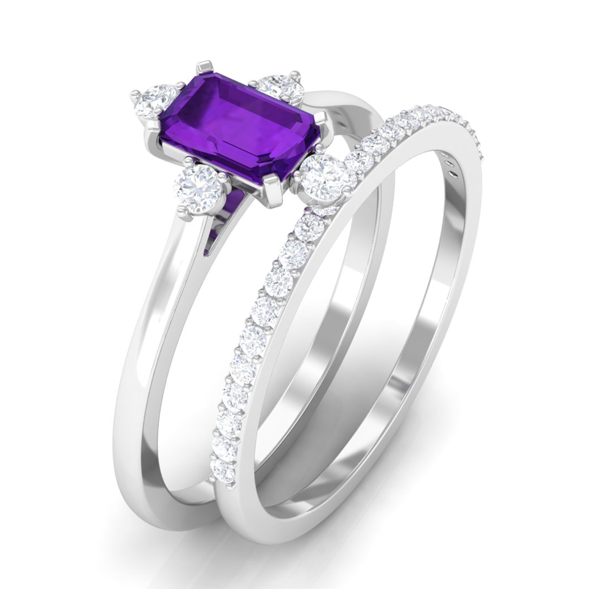 Real 1.4 Carat Amethyst Emerald Cut Engagement Wedding Ring Set with Diamond AAA - Rosec Jewels