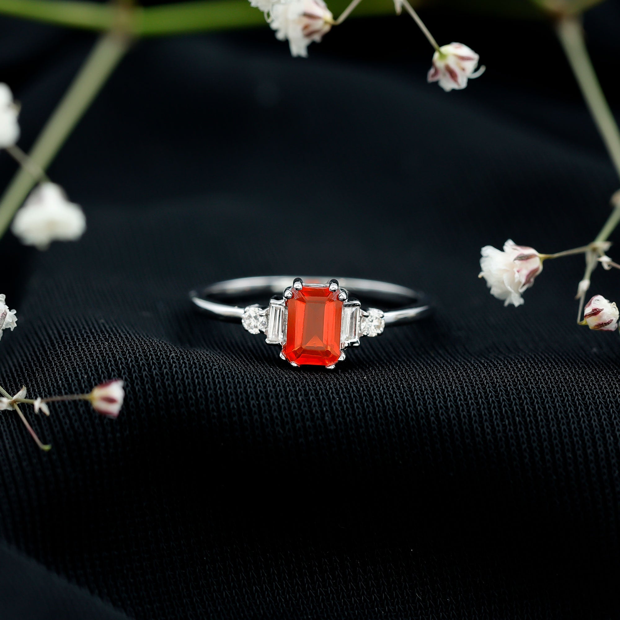 1 CT Emerald Cut Fire Opal Engagement Ring with Diamond AAA - Rosec Jewels