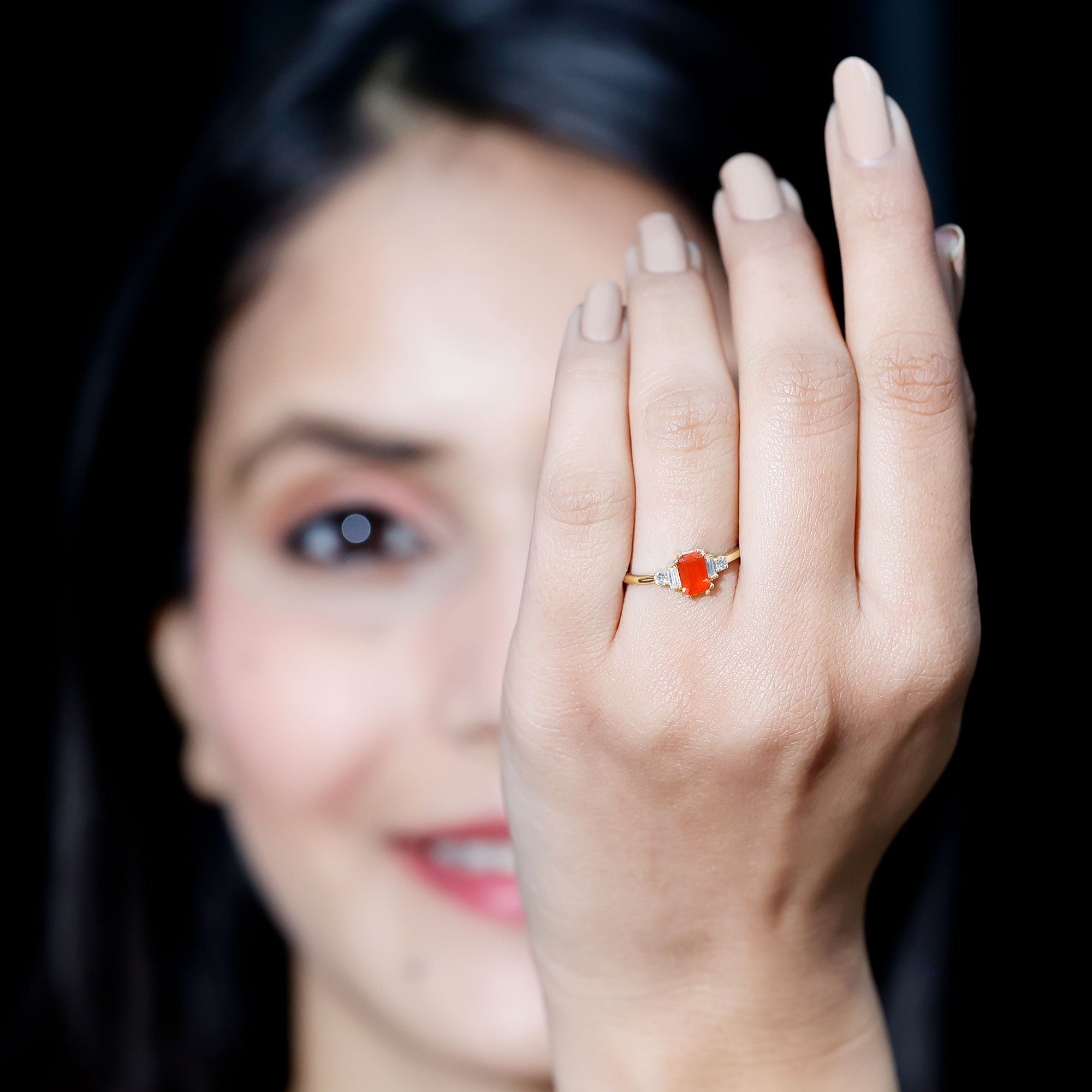 1 CT Emerald Cut Fire Opal Engagement Ring with Diamond AAA - Rosec Jewels