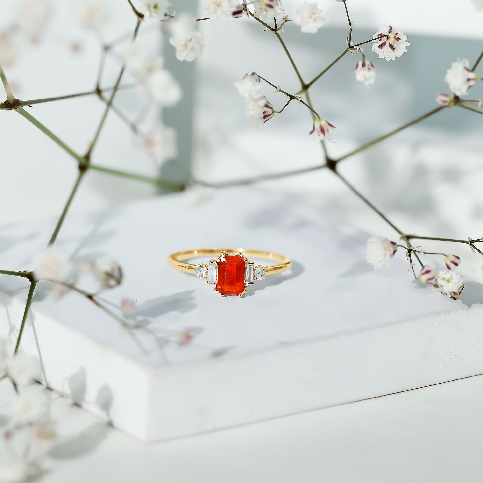 1 CT Emerald Cut Fire Opal Engagement Ring with Diamond AAA - Rosec Jewels