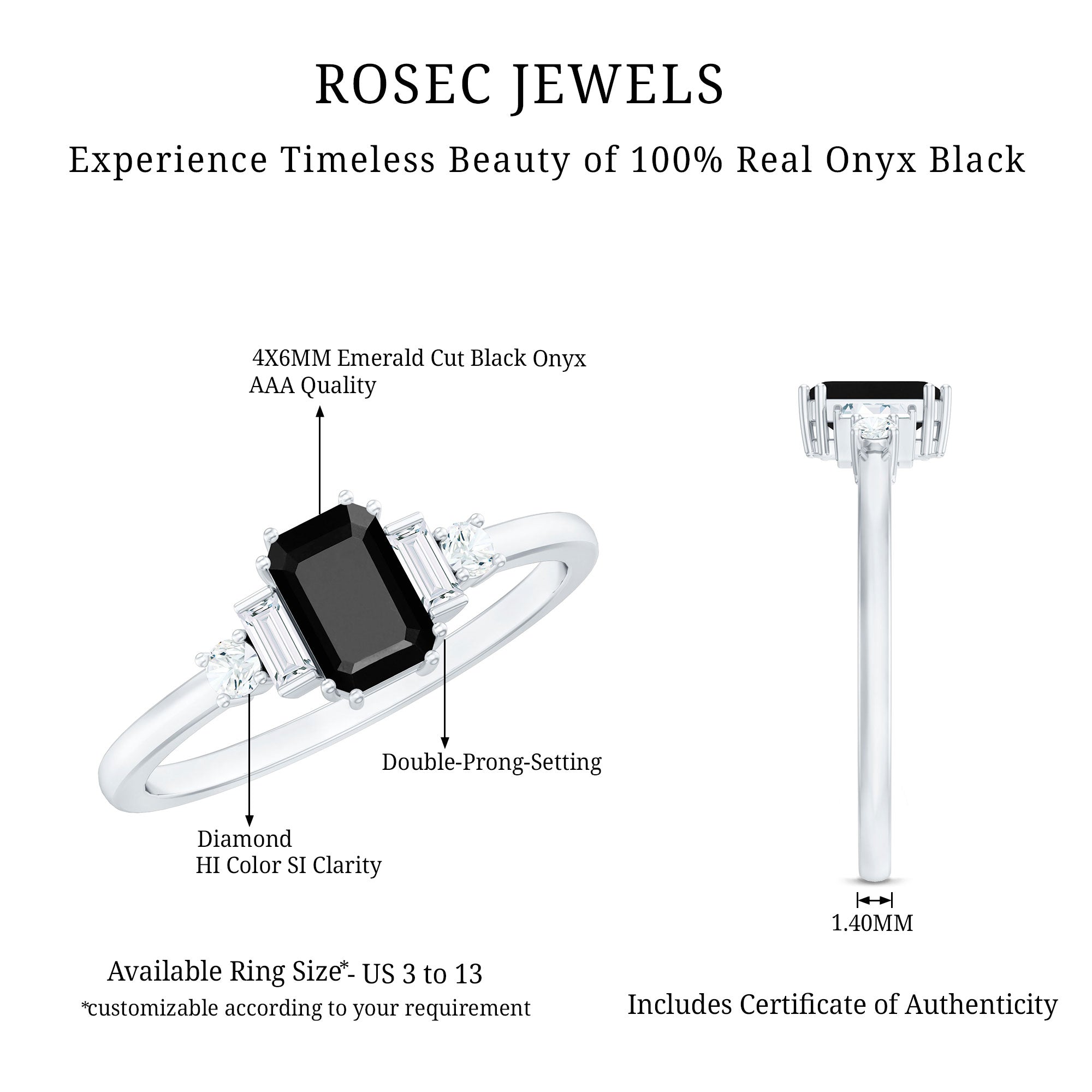 Rosec Jewels-Emerald Cut Black Onyx Engagement Ring with Diamonds