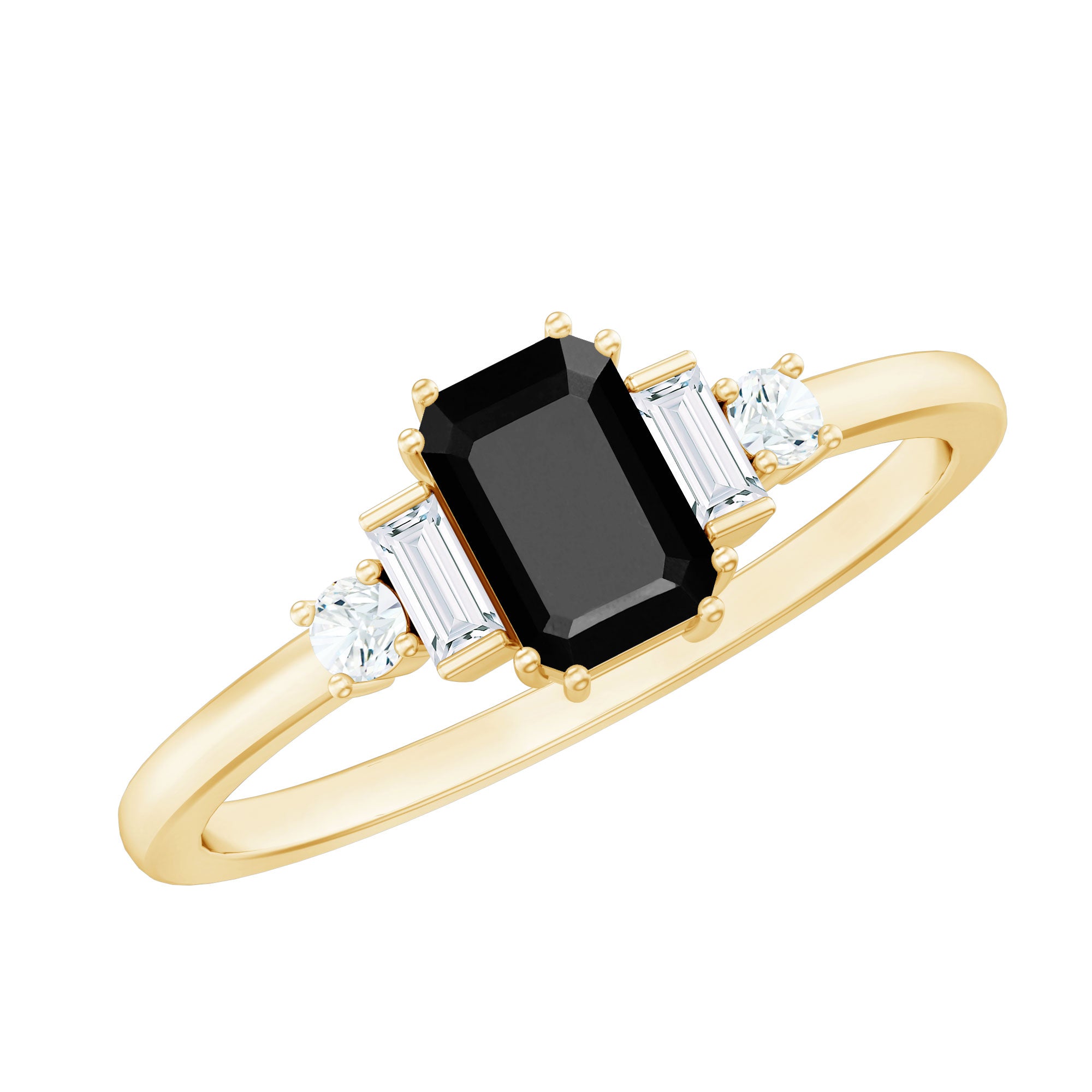 Emerald Cut Black Onyx Engagement Ring with Diamonds AAA - Rosec Jewels