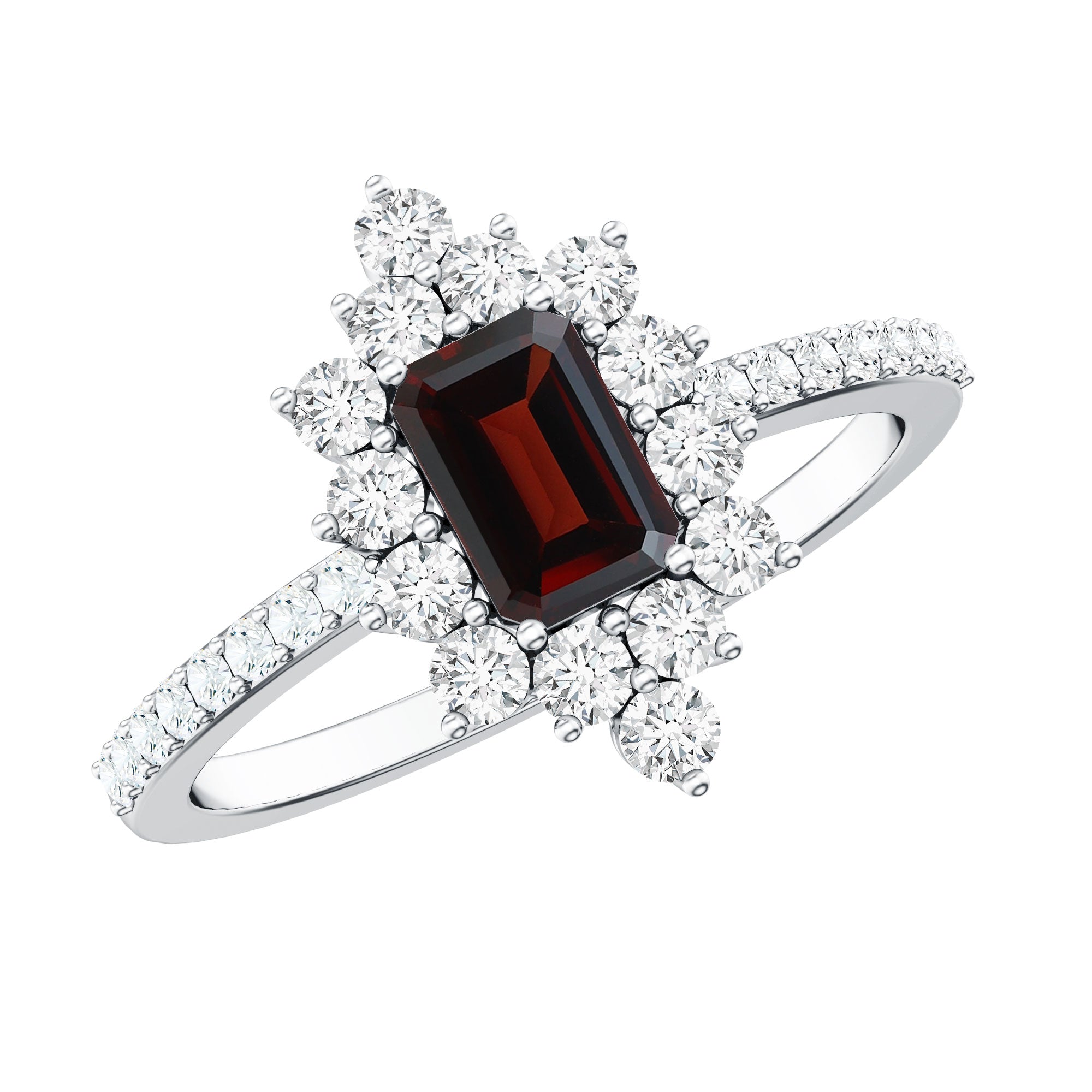 Vintage Inspired Garnet Emerald Cut Engagement Ring with Diamond Halo