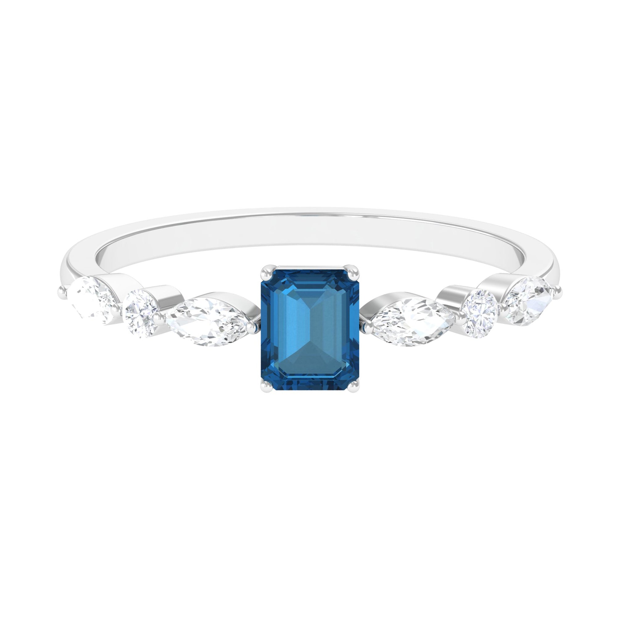 4X6mm Emerald Cut London Blue Topaz Solitaire Ring with Diamond AAA - Rosec Jewels