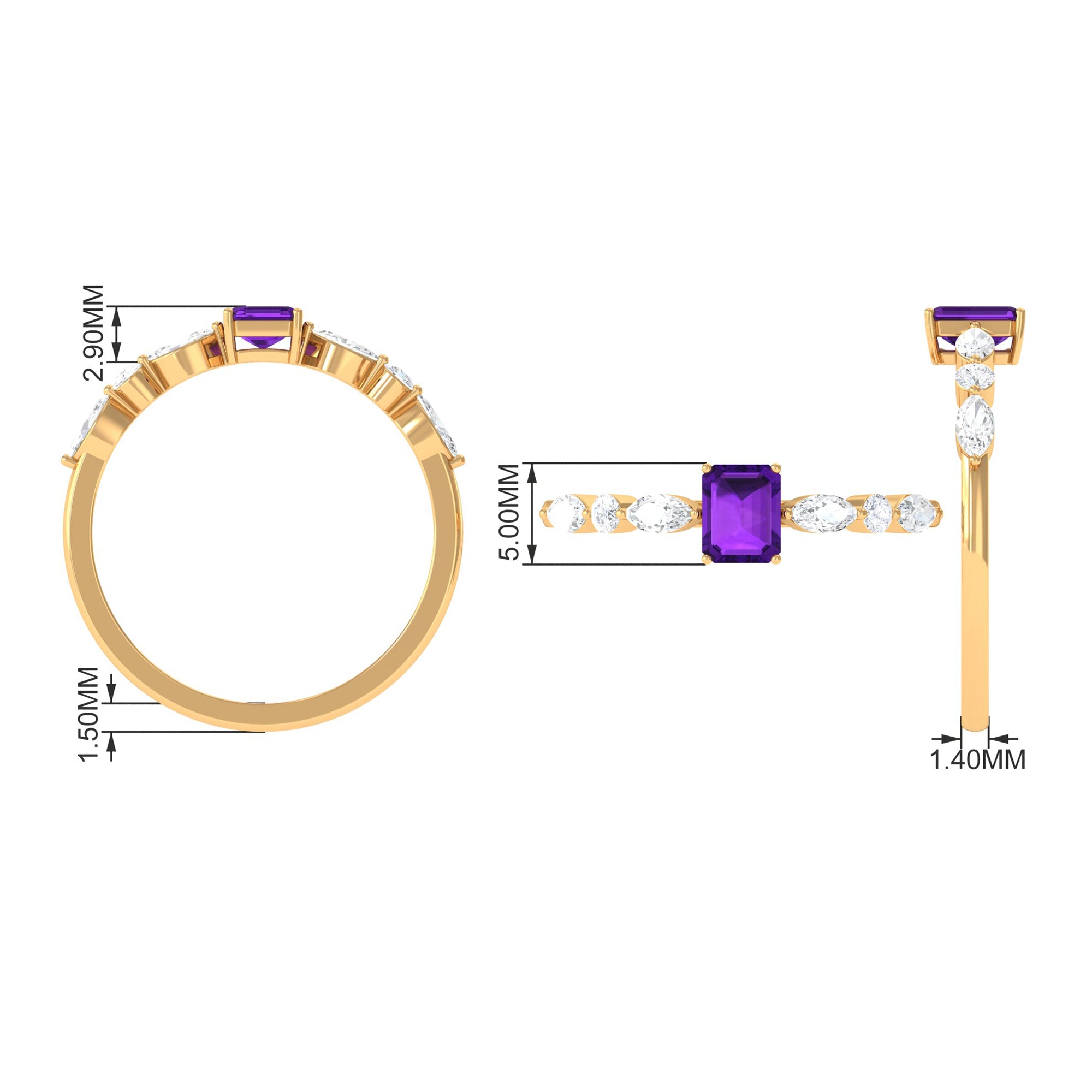 Genuine 1.4 Carat Amethyst Emerald Cut Engagement Ring with Diamond AAA - Rosec Jewels