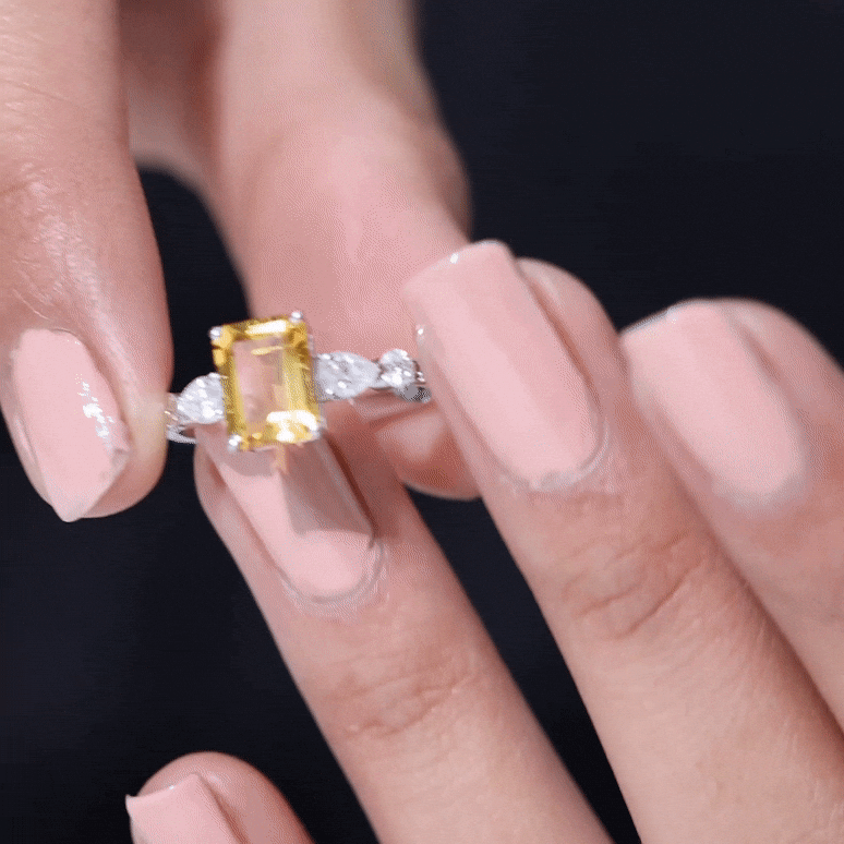 1.8 Carat Genuine Citrine Emerald Cut Engagement Ring with Moissanite Side Stones AAA - Rosec Jewels