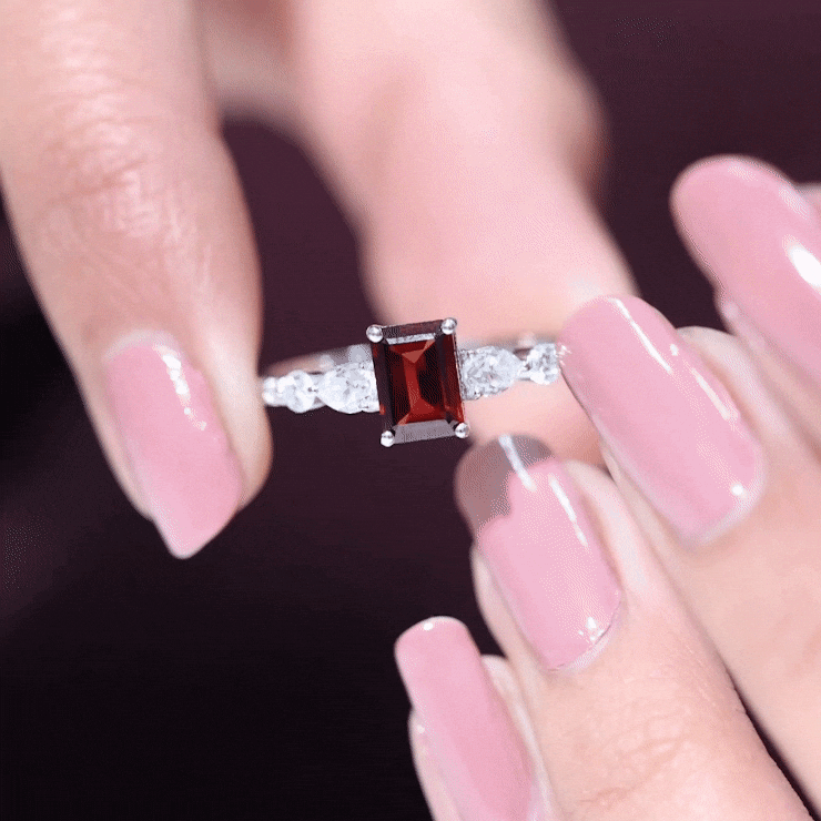 Rosec Jewels-Genuine Garnet Emerald Cut Engagement Ring with Diamond Side Stones
