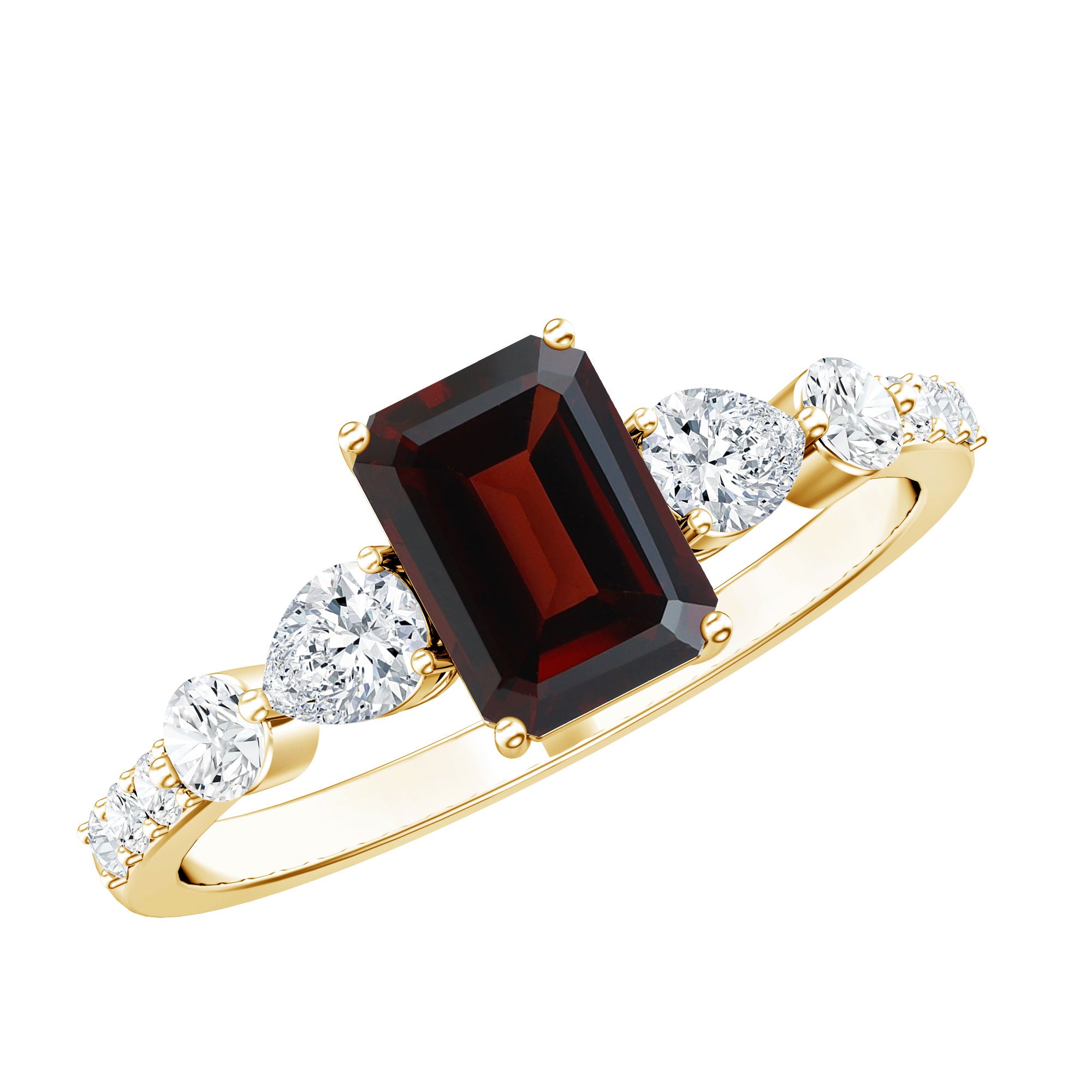 Genuine Garnet Emerald Cut Engagement Ring with Diamond Side Stones AAA - Rosec Jewels