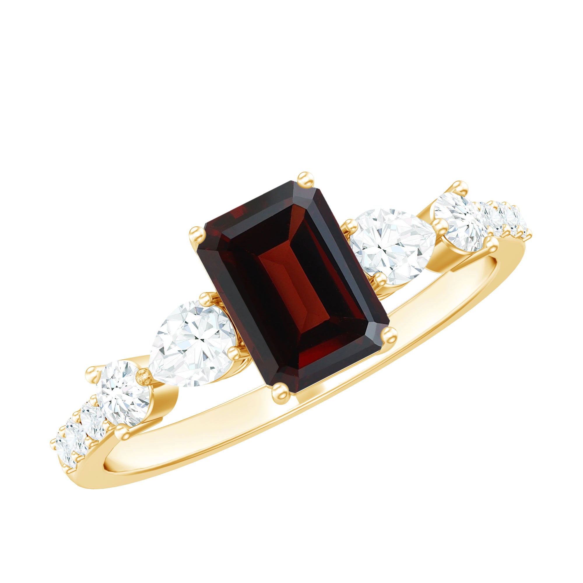 Genuine Garnet Emerald Cut Engagement Ring with Diamond Side Stones AAA - Rosec Jewels