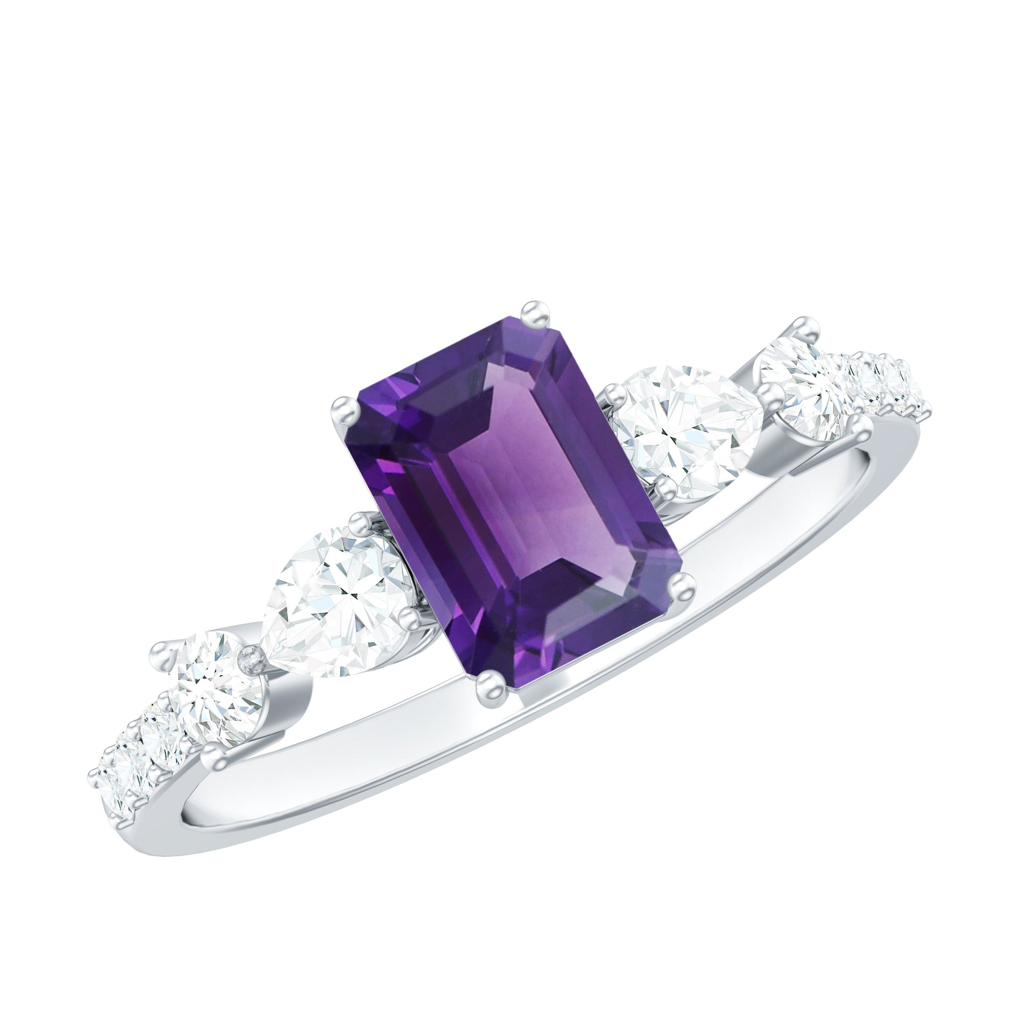Real 1.4 Carat Emerald Cut Amethyst Engagement Ring with Moissanite AAA - Rosec Jewels