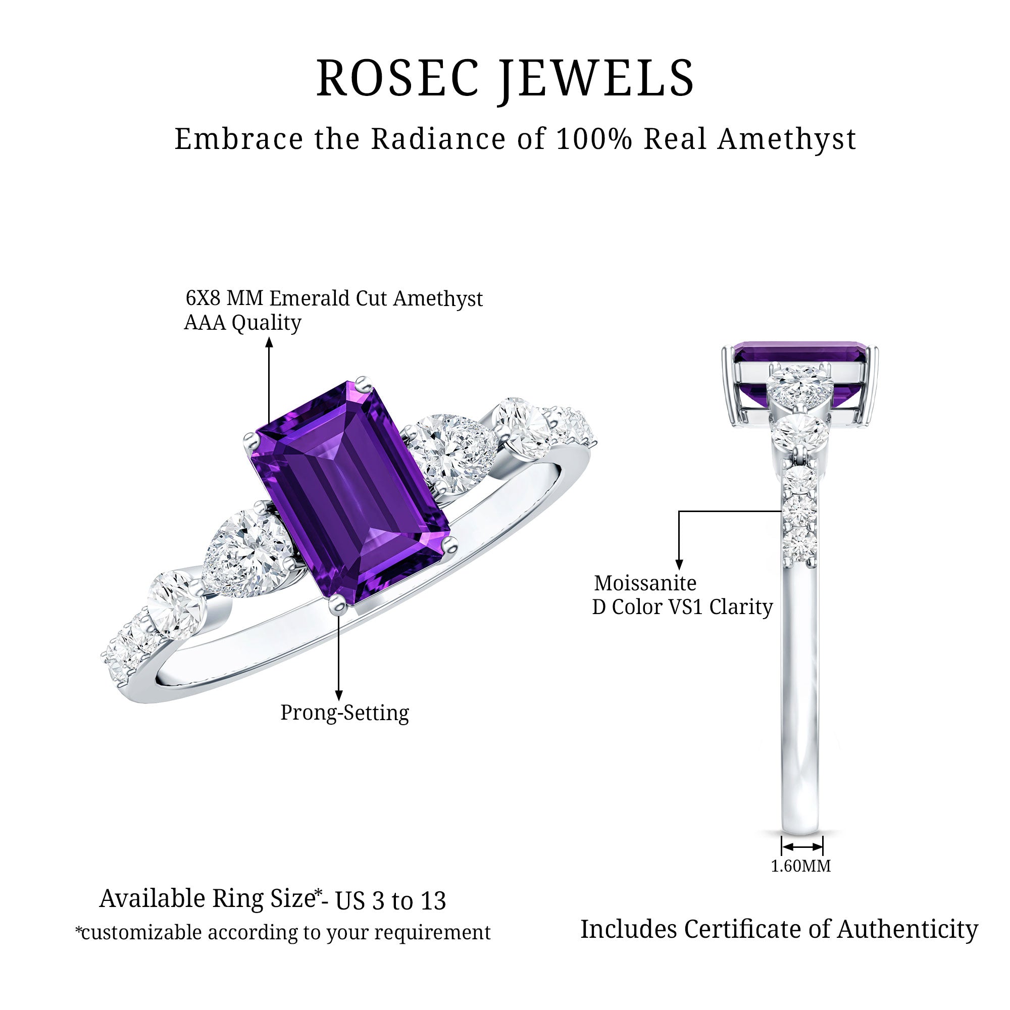 Real 1.4 Carat Emerald Cut Amethyst Engagement Ring with Moissanite AAA - Rosec Jewels