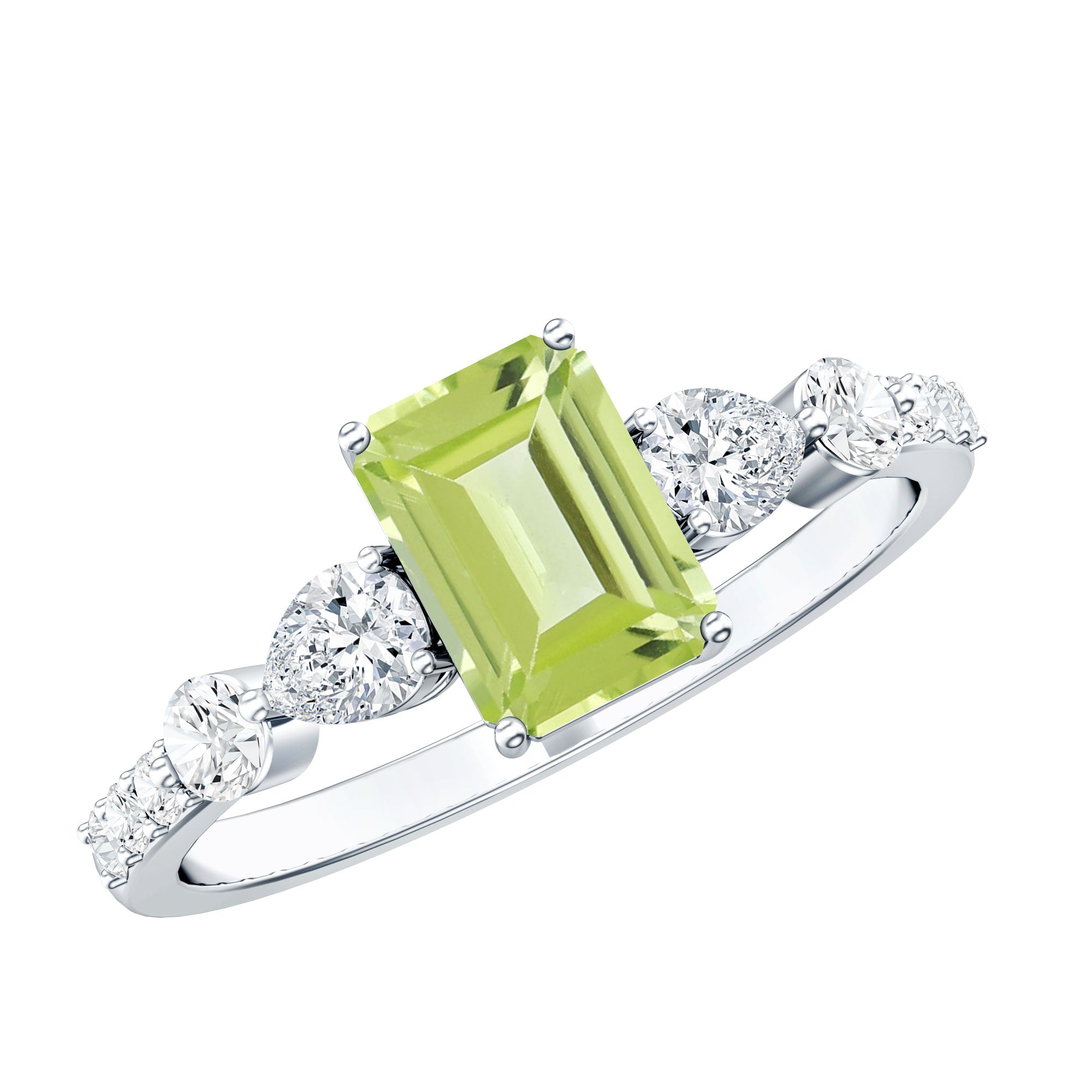 Natural 1.8 Carat Peridot Emerald Cut Engagement Ring with Side Stones AAA - Rosec Jewels