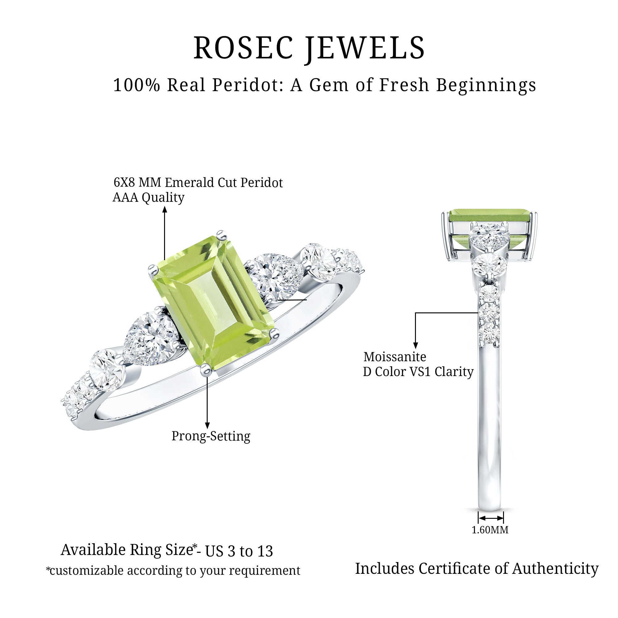 Natural 1.8 Carat Peridot Emerald Cut Engagement Ring with Side Stones AAA - Rosec Jewels