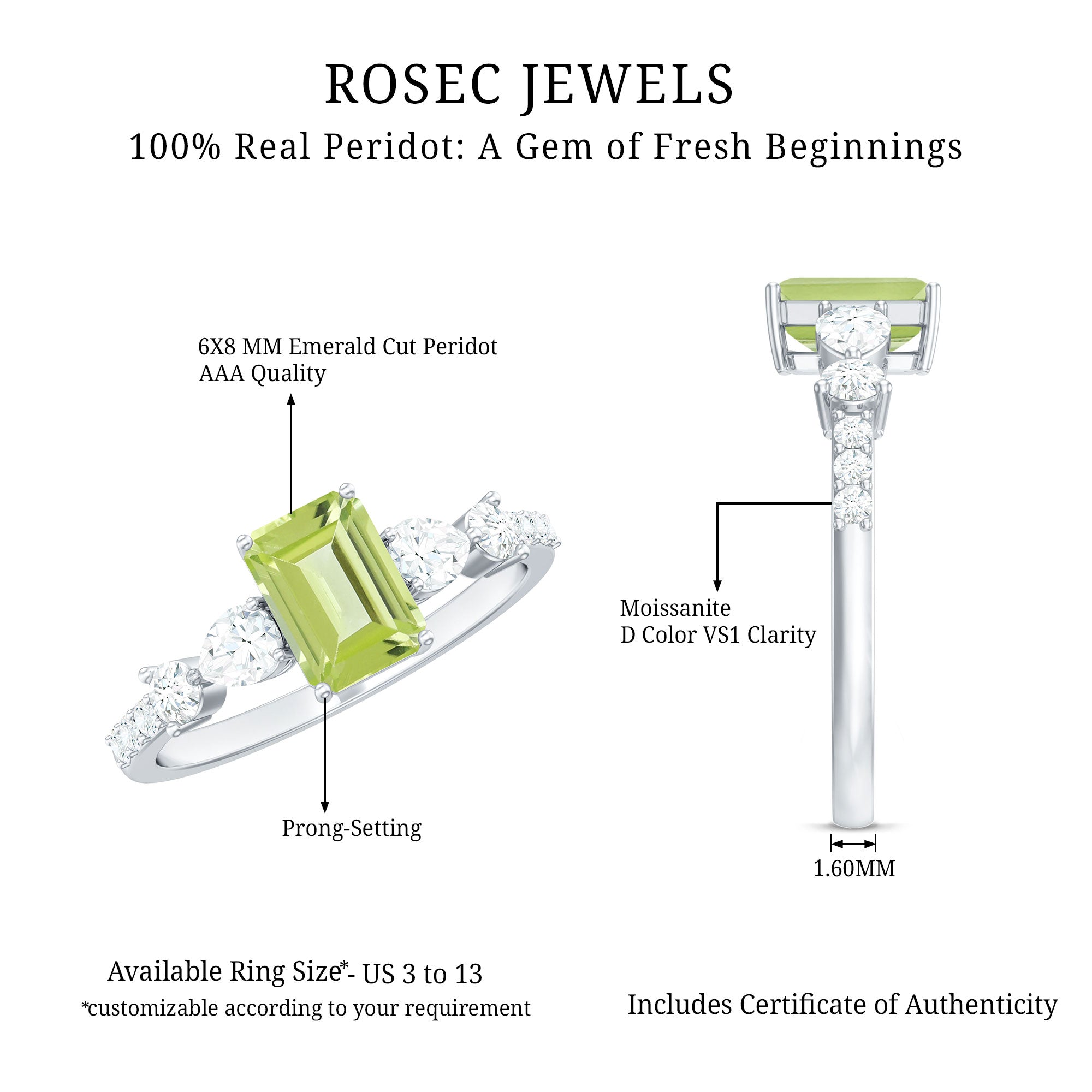 Natural 1.8 Carat Peridot Emerald Cut Engagement Ring with Side Stones AAA - Rosec Jewels