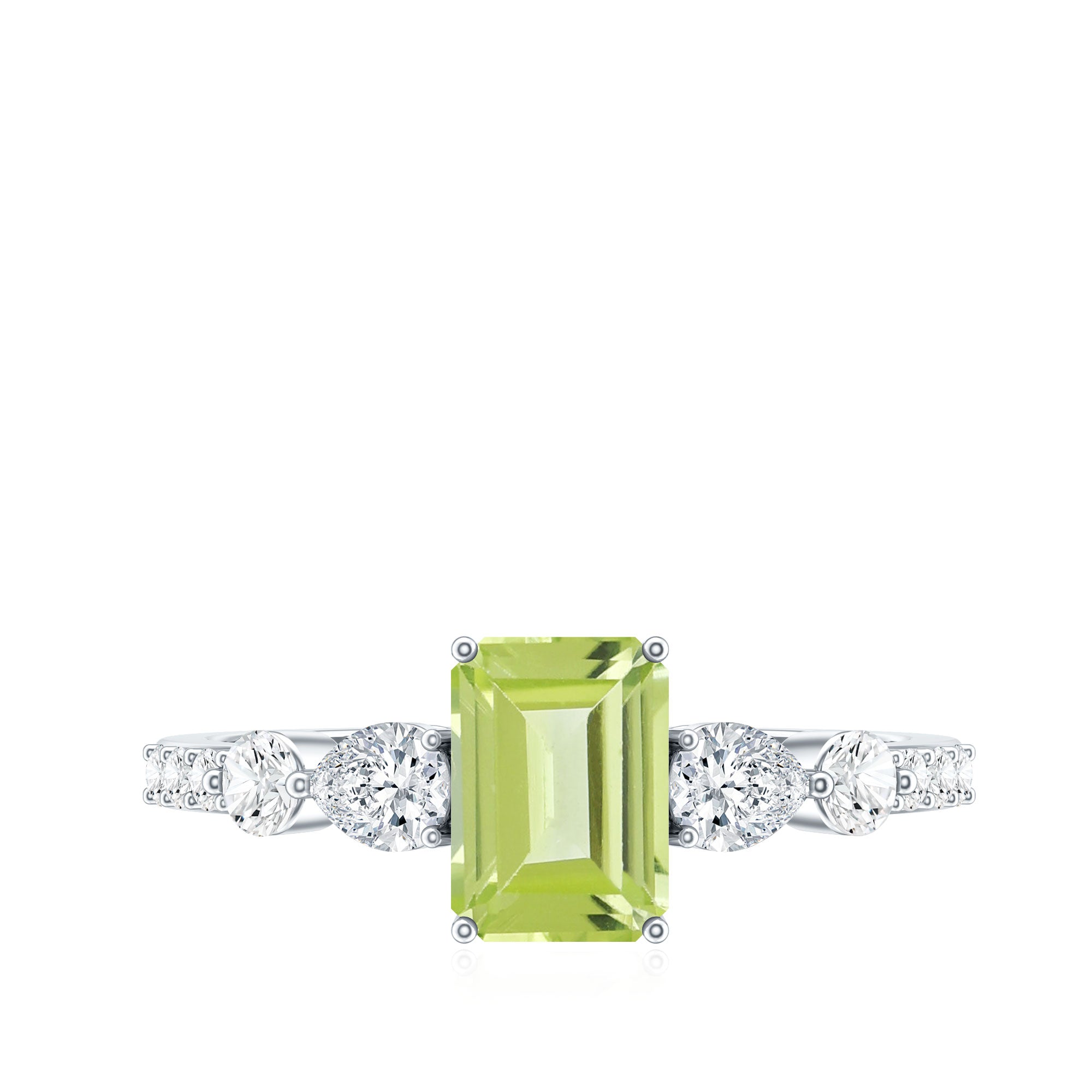 Natural 1.8 Carat Peridot Emerald Cut Engagement Ring with Side Stones AAA - Rosec Jewels