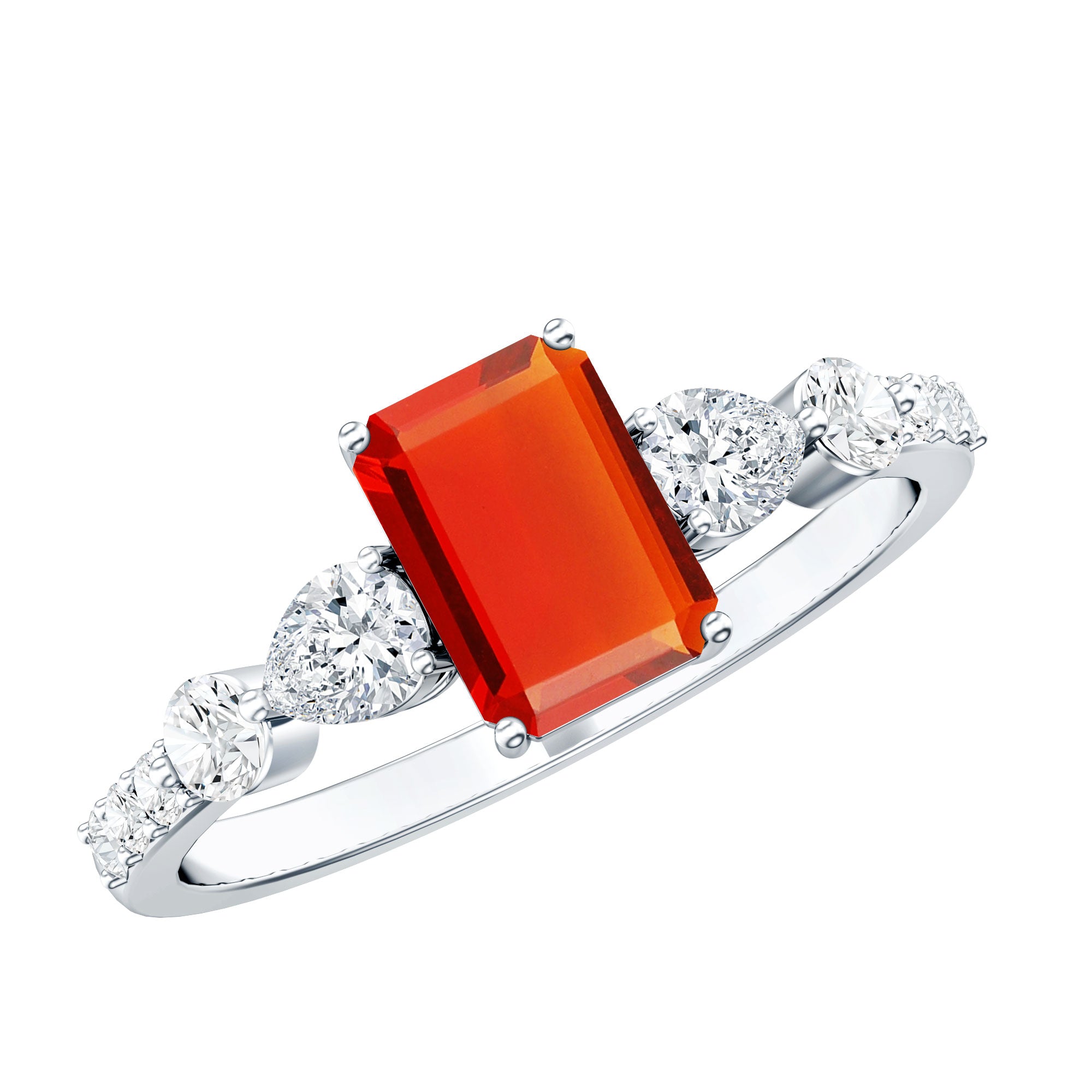 1 Carat Fire Opal Emerald Cut Engagement Ring with Diamond Side Stones AAA - Rosec Jewels