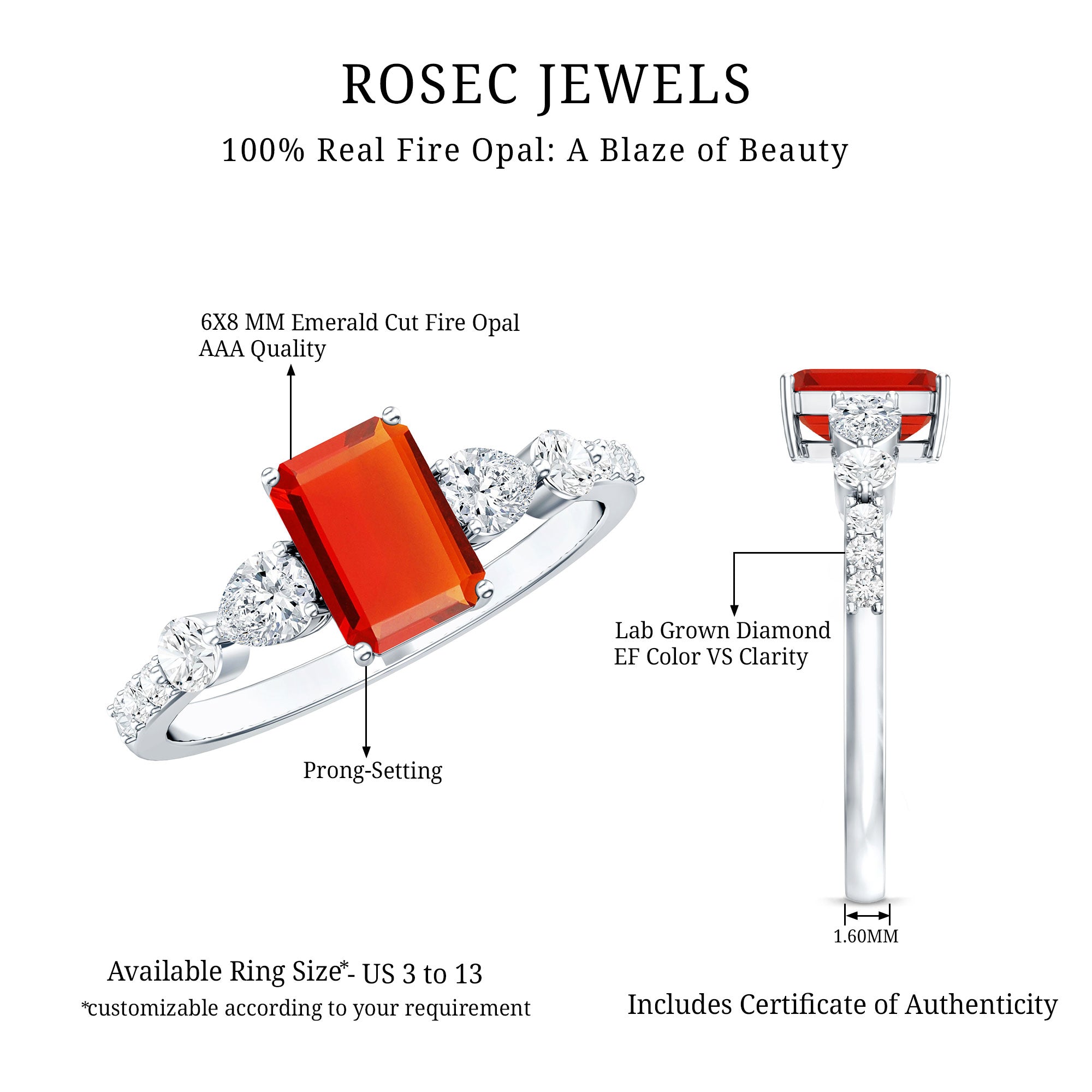 1 Carat Fire Opal Emerald Cut Engagement Ring with Diamond Side Stones AAA - Rosec Jewels