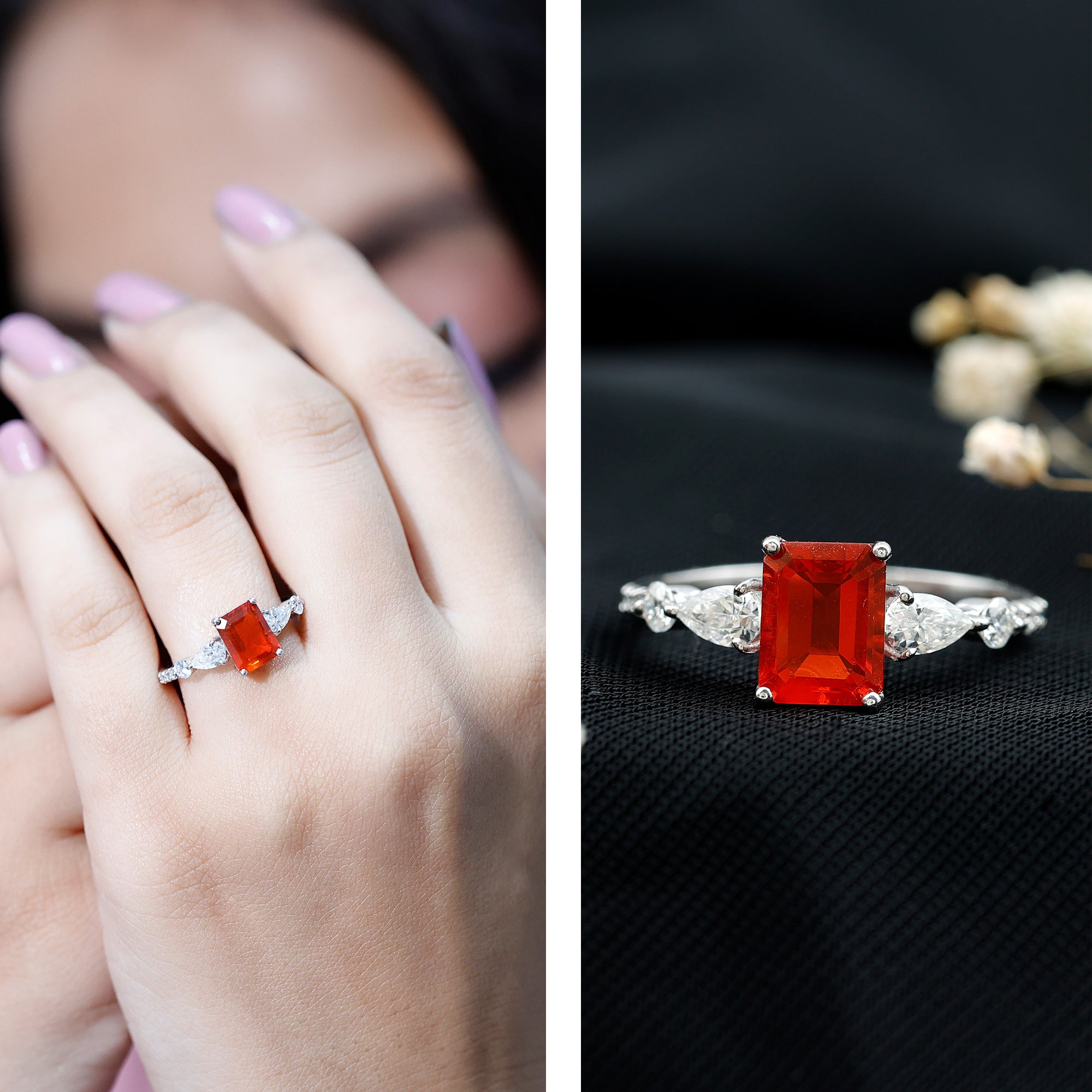 1 Carat Fire Opal Emerald Cut Engagement Ring with Diamond Side Stones AAA - Rosec Jewels
