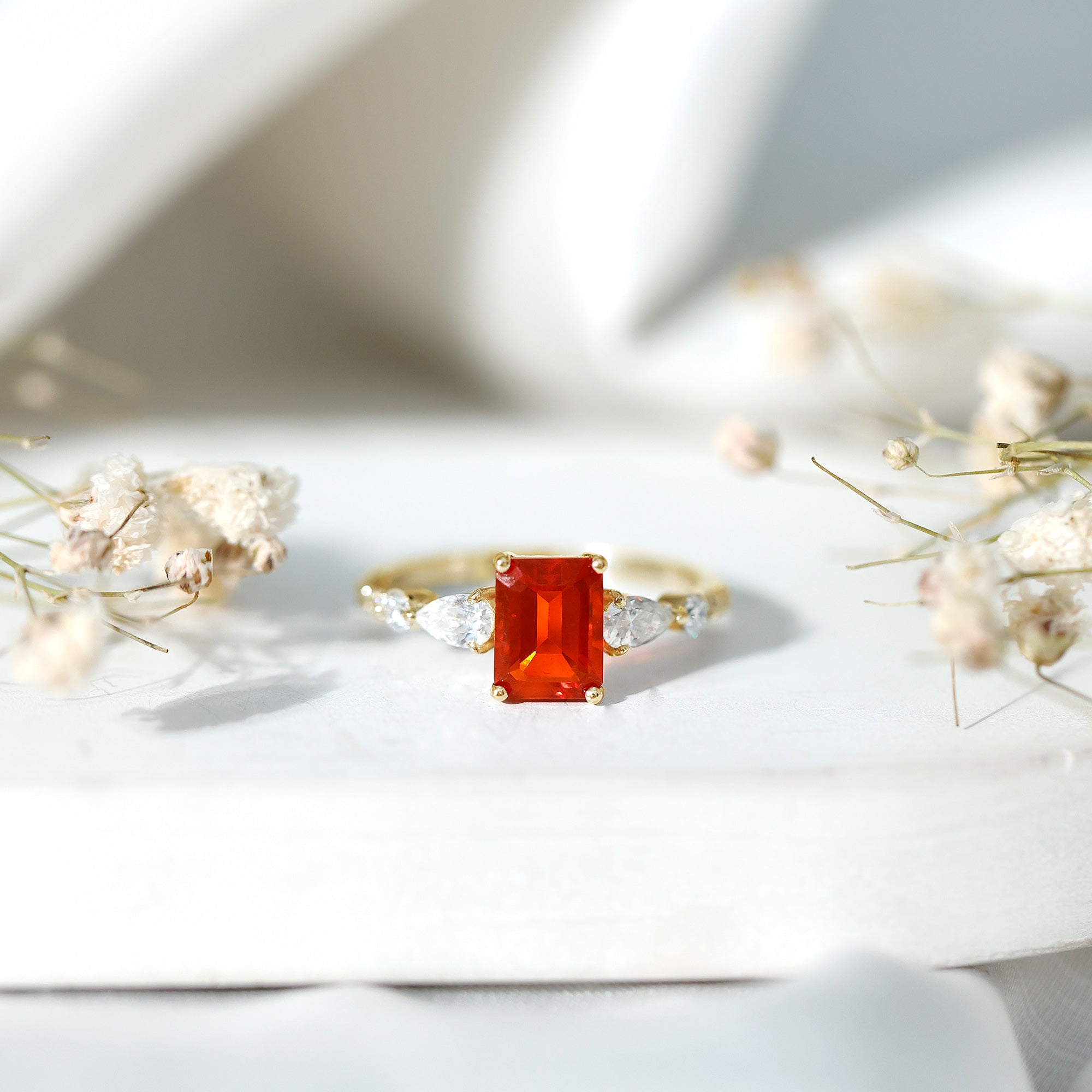 1 Carat Fire Opal Emerald Cut Engagement Ring with Diamond Side Stones AAA - Rosec Jewels
