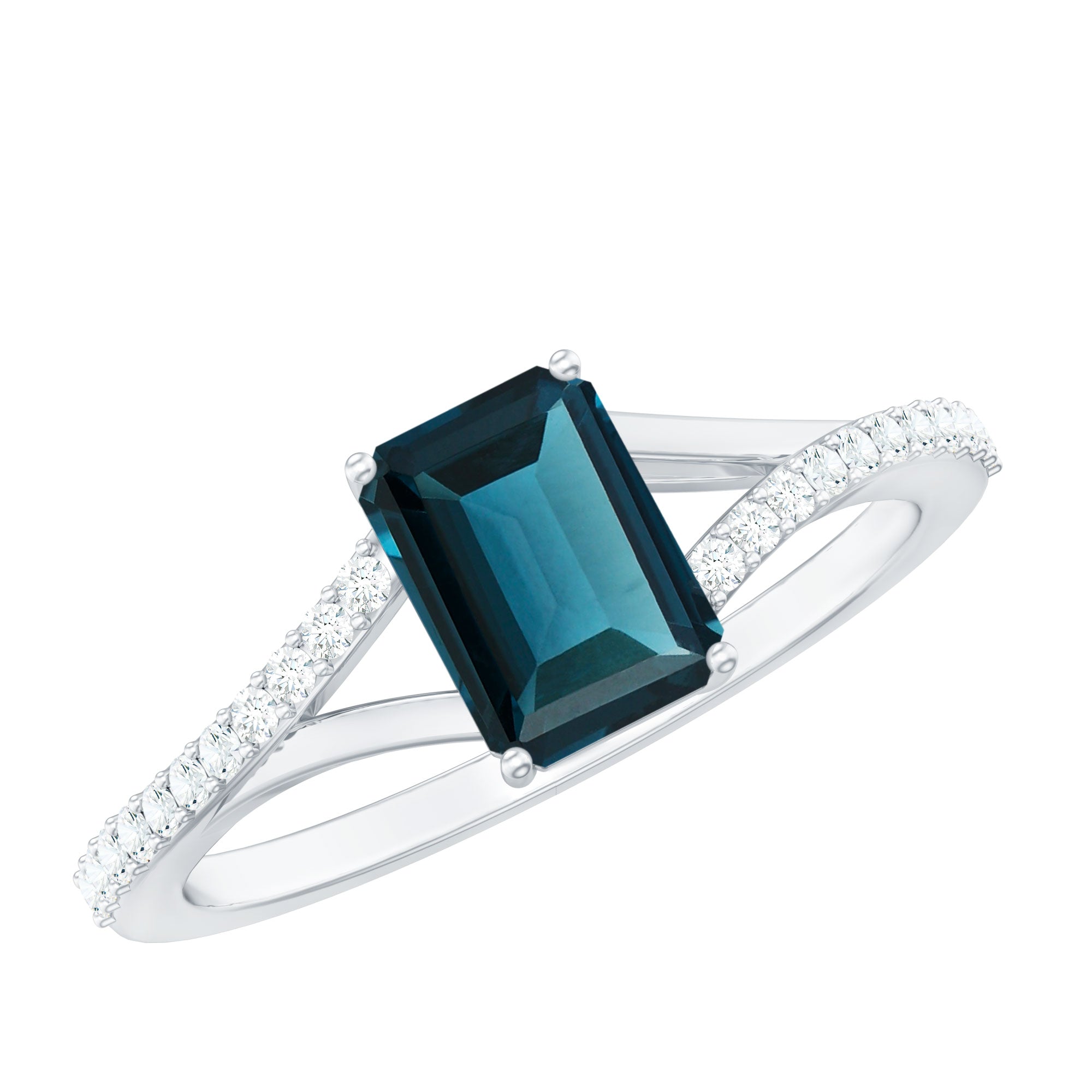 2.2 Carat Emerald Cut London Blue Topaz Split Shank Engagement Ring with Diamond AAA - Rosec Jewels