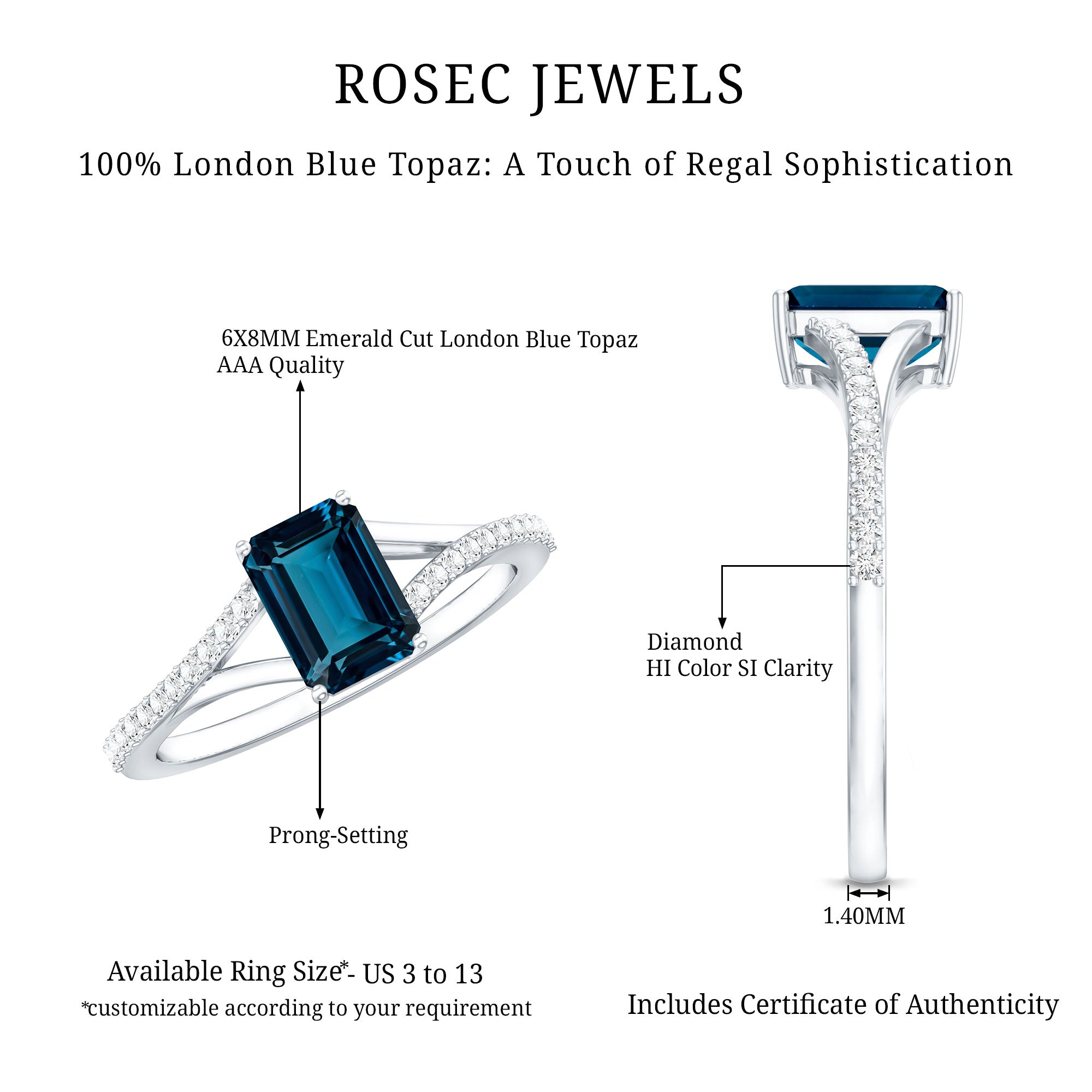 2.2 Carat Emerald Cut London Blue Topaz Split Shank Engagement Ring with Diamond AAA - Rosec Jewels