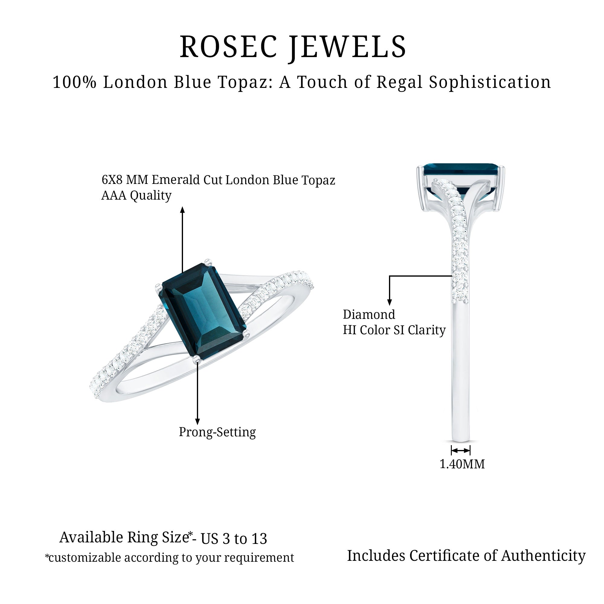 6X8mm Emerald Cut London Blue Topaz Split Shank Engagement Ring with Diamond AAA - Rosec Jewels