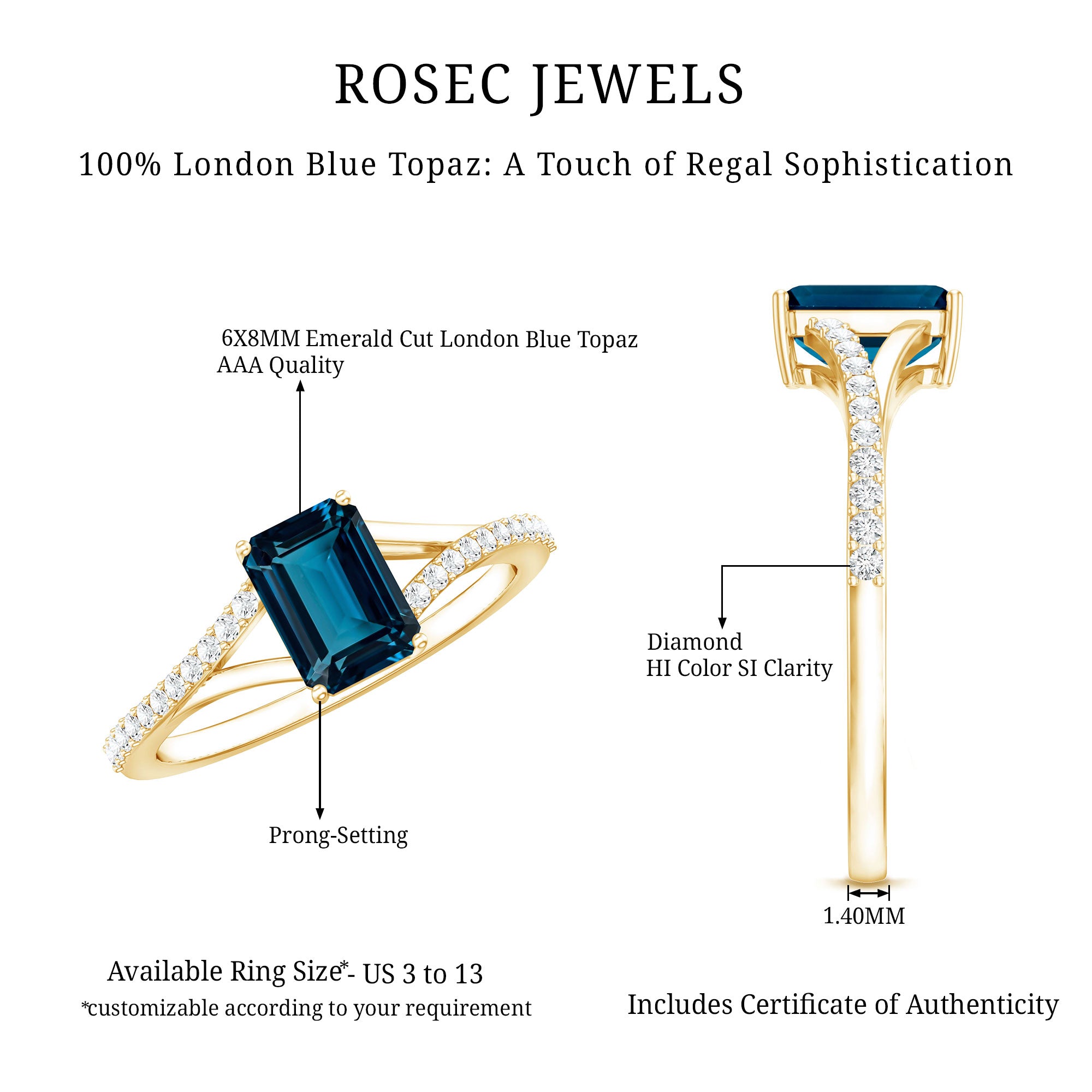 2.2 Carat Emerald Cut London Blue Topaz Split Shank Engagement Ring with Diamond AAA - Rosec Jewels