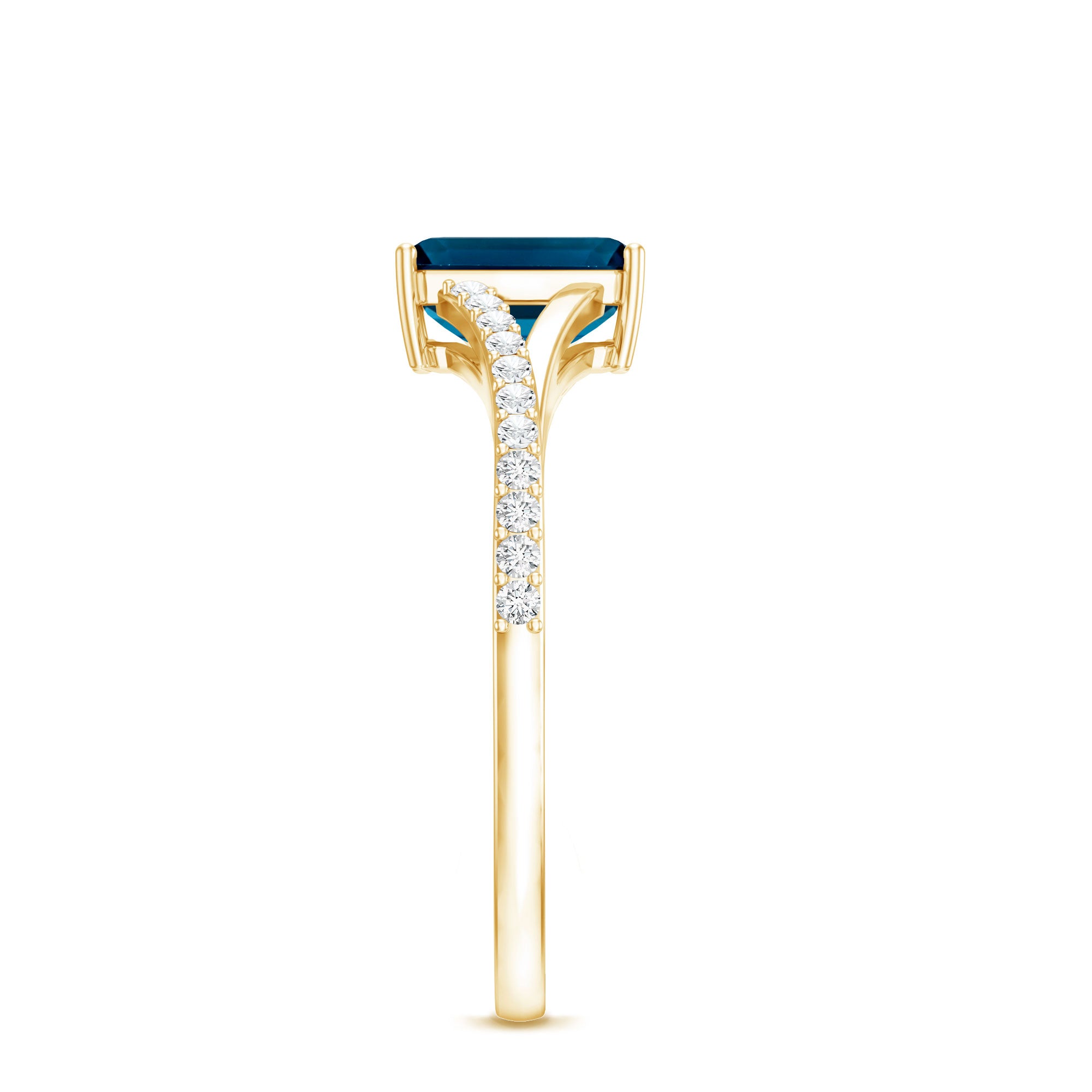 2.2 Carat Emerald Cut London Blue Topaz Split Shank Engagement Ring with Diamond AAA - Rosec Jewels