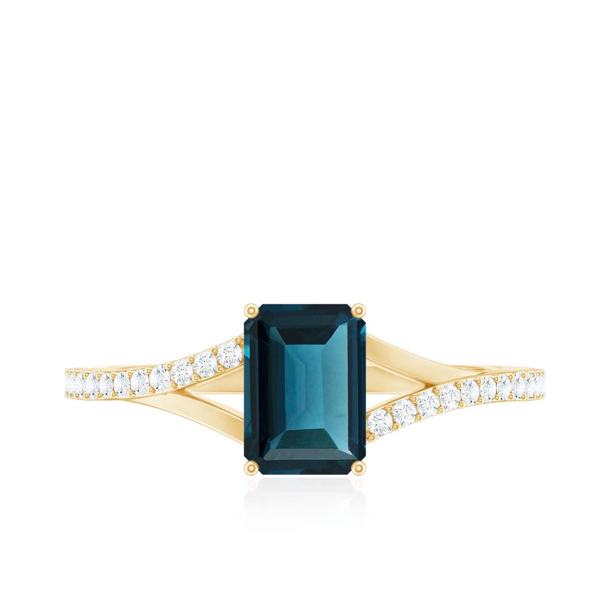 2.2 Carat Emerald Cut London Blue Topaz Split Shank Engagement Ring with Diamond AAA - Rosec Jewels