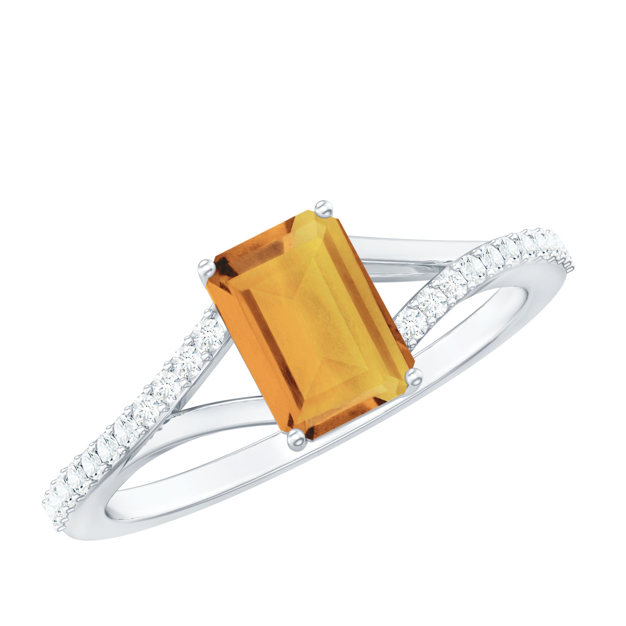 Real Citrine Emerald Cut Engagement Ring with Diamond Split Shank AAA - Rosec Jewels